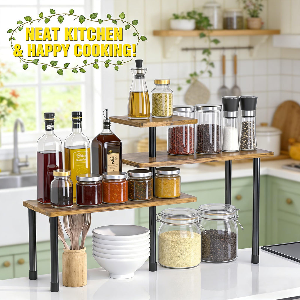 3 Tier Moveable Corner Shelf Organizer for Kitchen, Bathroom, Spice Rack, Coffee Area, over Sink, Dresser Table, Countertop Storage Rack (Rustic Brown)