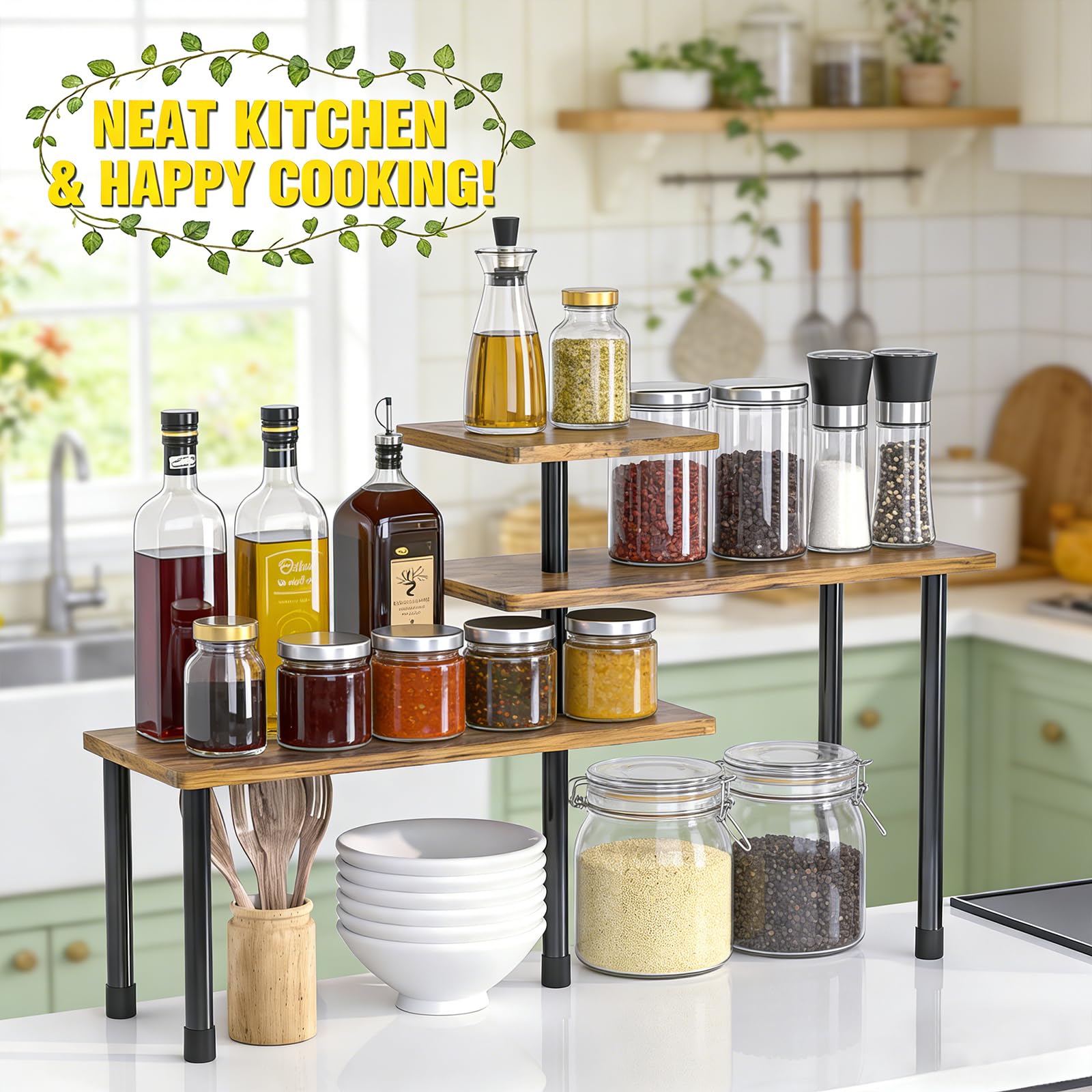 3 Tier Moveable Corner Shelf Organizer for Kitchen, Bathroom, Spice Rack, Coffee Area, over Sink, Dresser Table, Countertop Storage Rack (Rustic Brown)