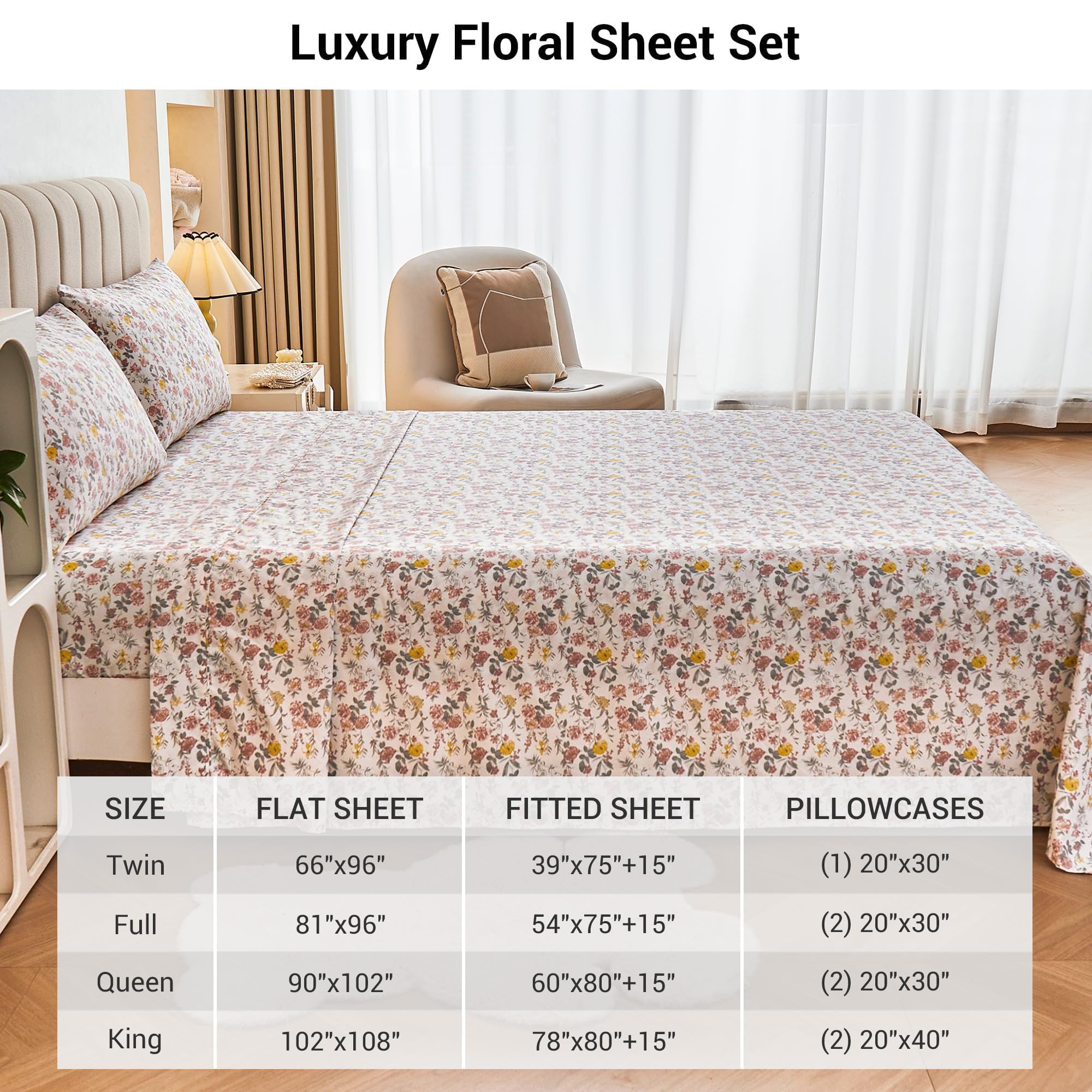 Viviland Floral King Sheet Set - 4 Piece Vintage Pink & Yellow Flower Patterned Bed Sheets - Soft, Breathable Microfiber Sheets with Deep Pocket, Non-Slip Fitted Sheets & Pillowcases