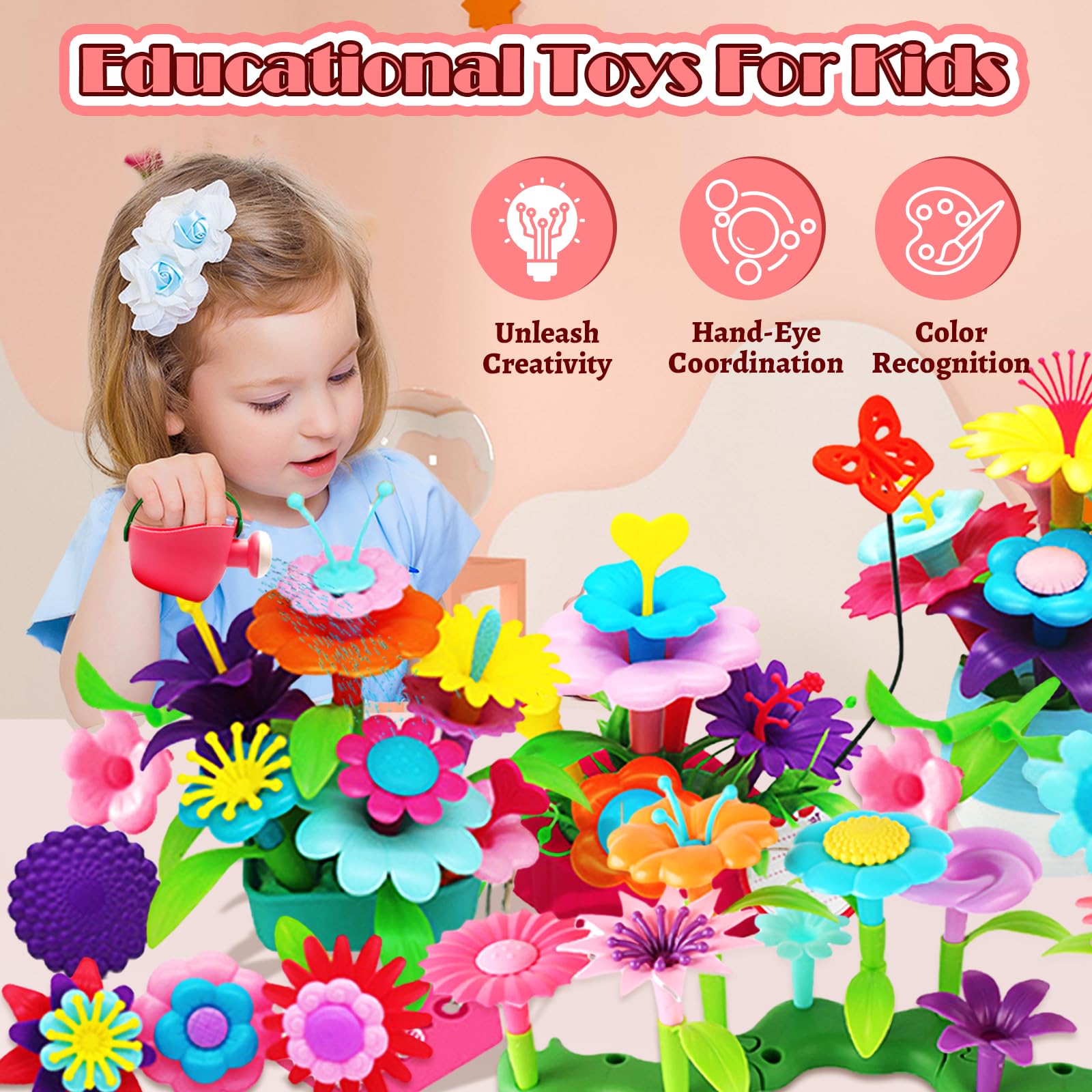 Flower Toy Garden Building Toys -46PCS Flower Building Set STEM Montessori Educational Toy for Toddler Kids, Sorting & Stacking Spring Gardening Set Birthday Gifts for Age 2 3 4 5 Years Old Girls