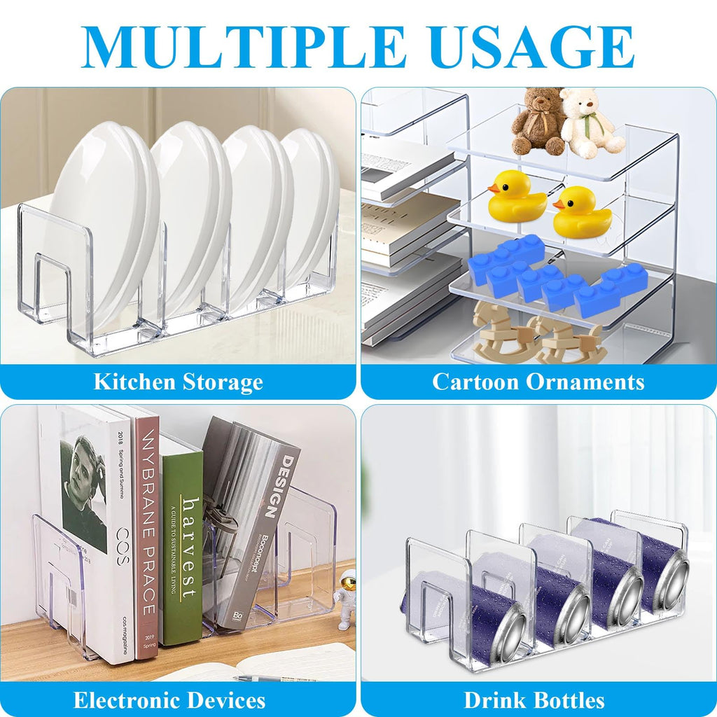 Supkiir 4 Pack 4-Section Acrylic File Sorter, Clear Desk File Organizer Book Organizer, Acrylic Office Organizers And Storage Stand Rack for Handbag Book Envelopes Document Notebook Electronics