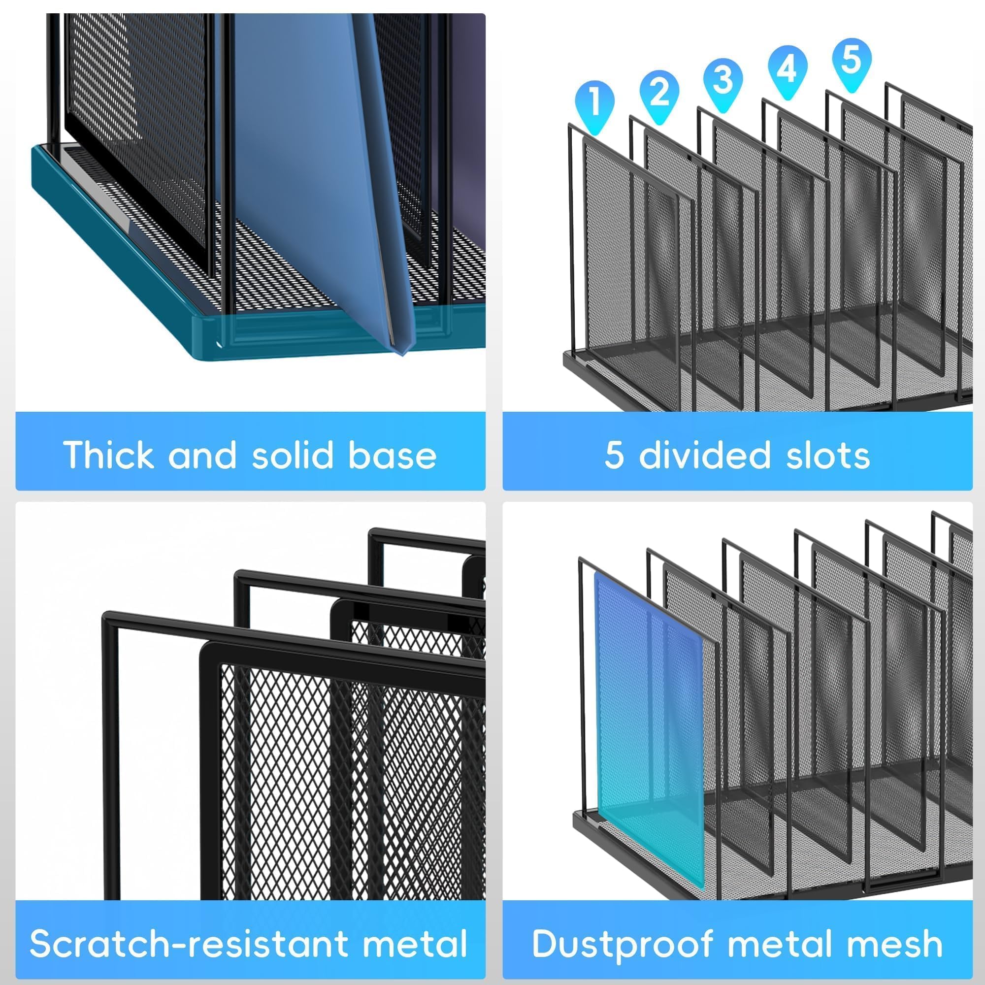 JMHUD Inclined Desktop File Sorter, 5-Section Vertical File Folder, Mail Sorter Organizer for file holders, Metal File Organizer, Desktop File Folder Organizer for Office Classroom, Black