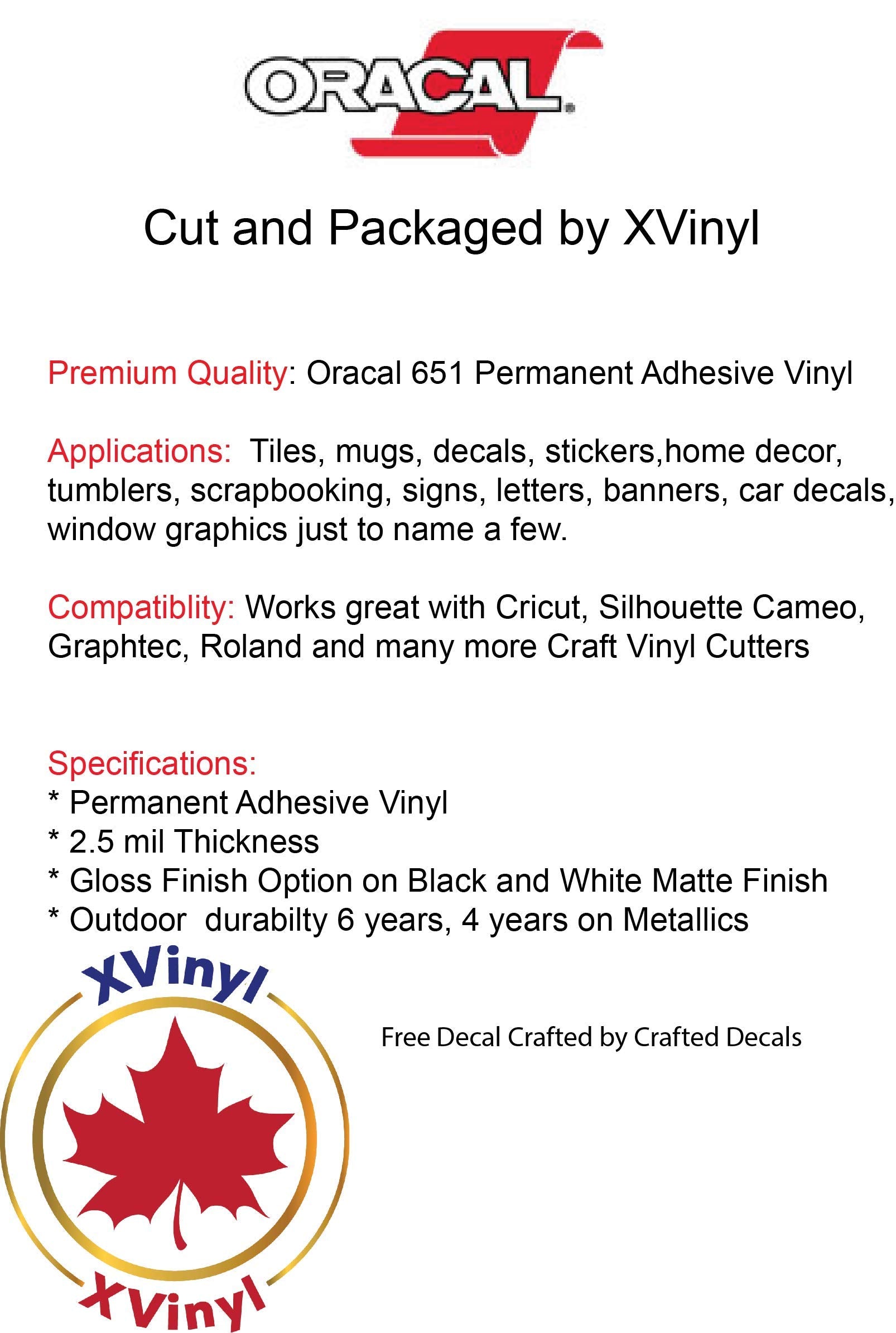 Oracal 651 Vinyl (12" x 10ft) Roll of Glossy White Permanent vinyl works with Cameo, Cricut and Silhouette - Bonus 1 3.8" Maple Leaf Permanent Decal