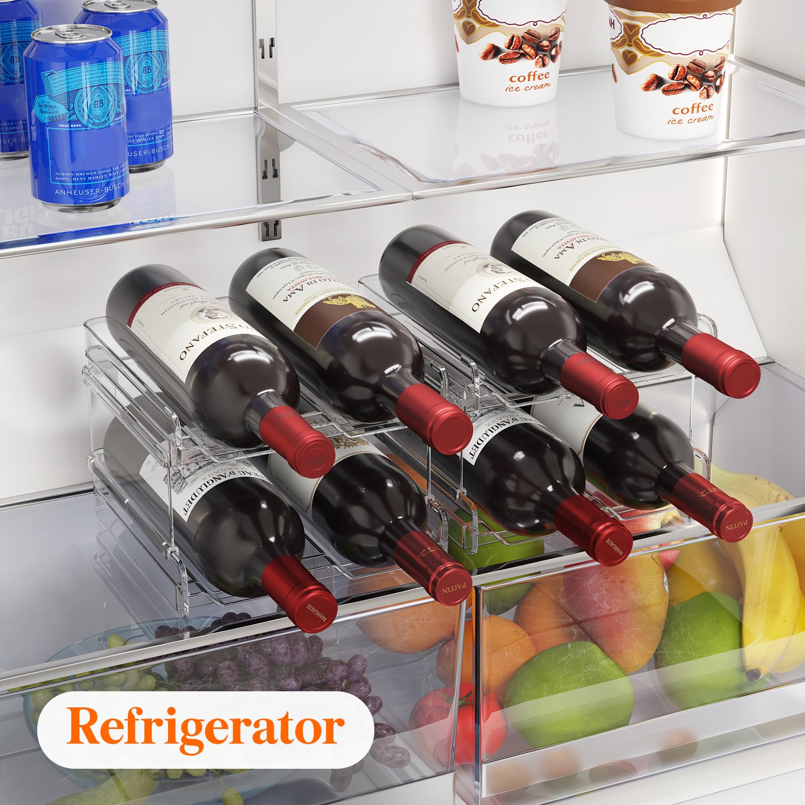 Lifewit Plastic Stackable Wine Rack for Refrigerator, Cabinet, Countertop,Wine Bottle Holder, Water Bottle Organizer for Floor Fridge, Tabletop Pantry, Hold 8 Bottles
