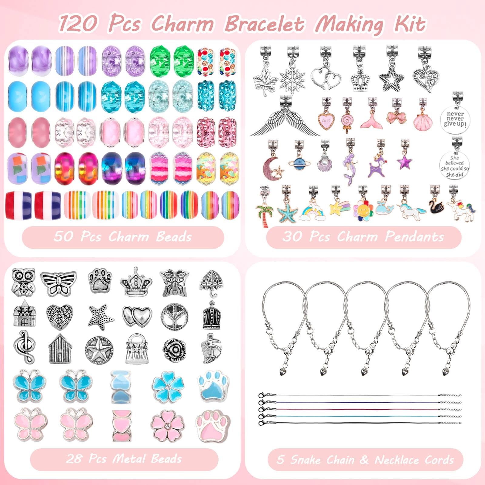UFU Charm Bracelet Making Kit, 120Pcs DIY Jewelry Making Kit Arts & Crafts Gift for Girls 5 6 7 8-12, A Sweet Birthday Gift & Toy to Inspire Imagination & Creativity, with Portable Jewelry Box