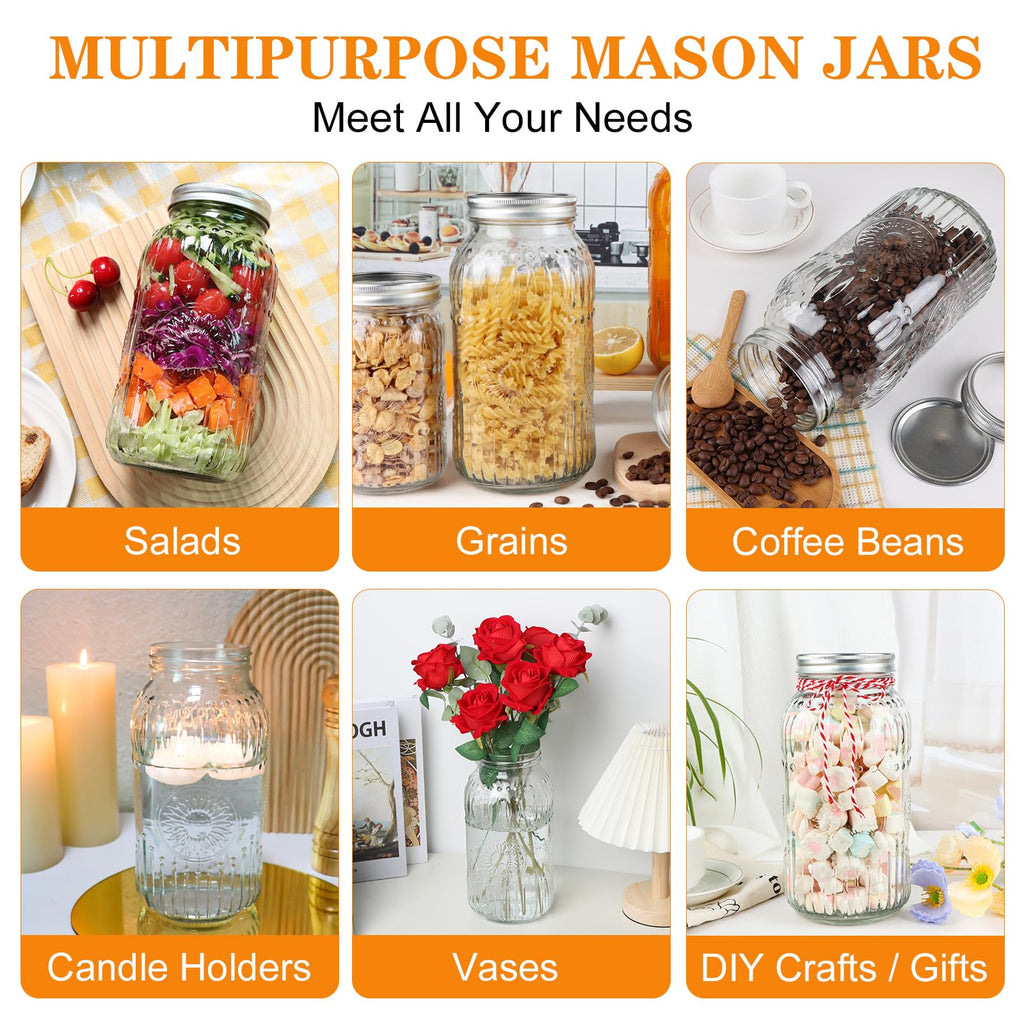 HINGWAH Wide Mouth Mason Jars 64 oz, 3 Pack Large Half Gallon Mason Jars with Airtight Lids and Bands, Clear Glass Canning Jars for Preserving, Pickling, Canning, Meal Prep & DIY Crafts (Sunflower)