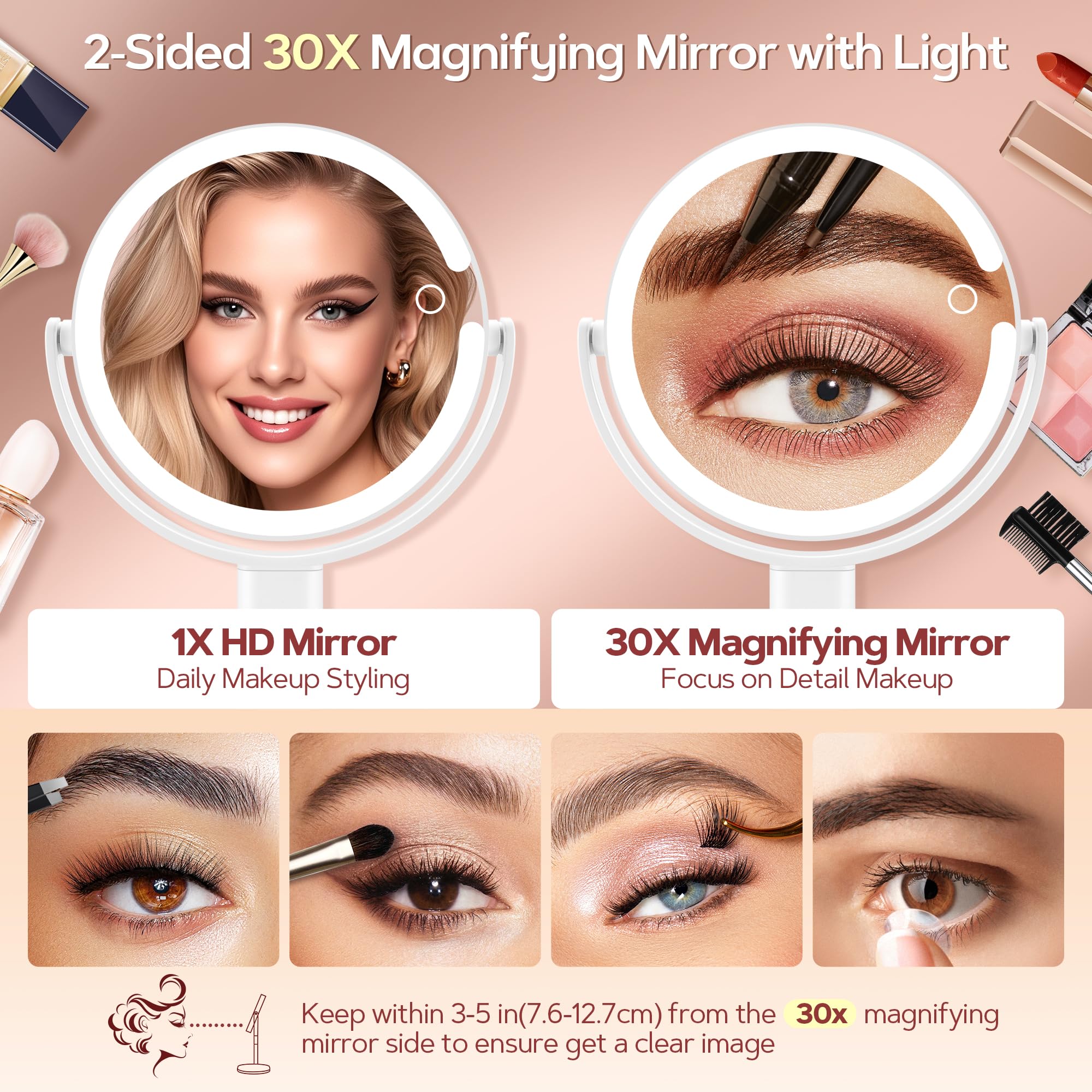 B Beauty Planet Makeup Mirror with Lights, Lighted Magnifying Mirror 30X with 3 Lighting and Adjustable Brightness, 2-Sided Height Adjustable Vanity Mirror for Bathroom, Women Gifts for Mom