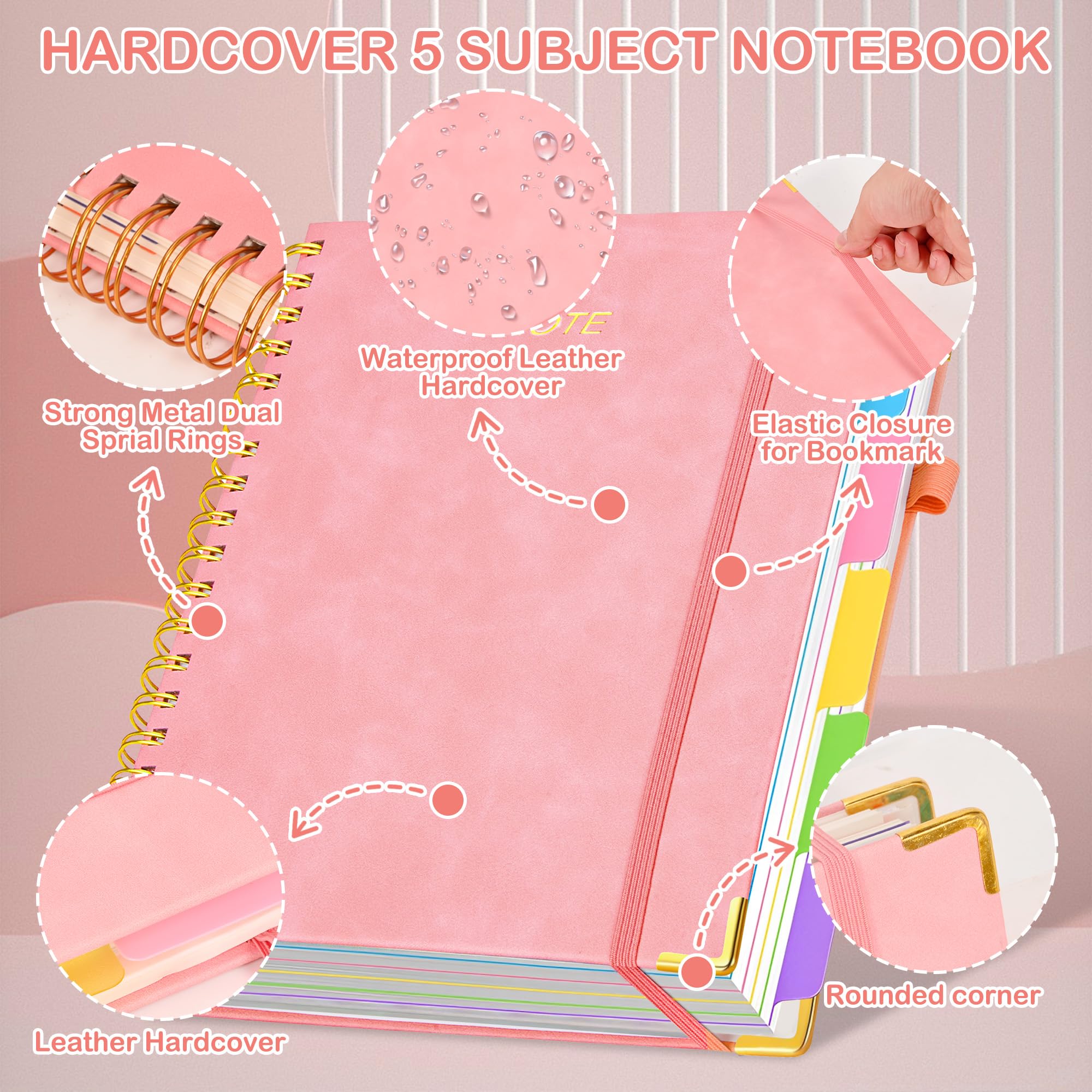 5 Subject Notebook with Removable Dividers Tabs, 300 Pages Leather Hardcover Spiral Notebook College Ruled, 8"x10" Large B5 Notebooks for Work School, Lined Journal for Women, Pink