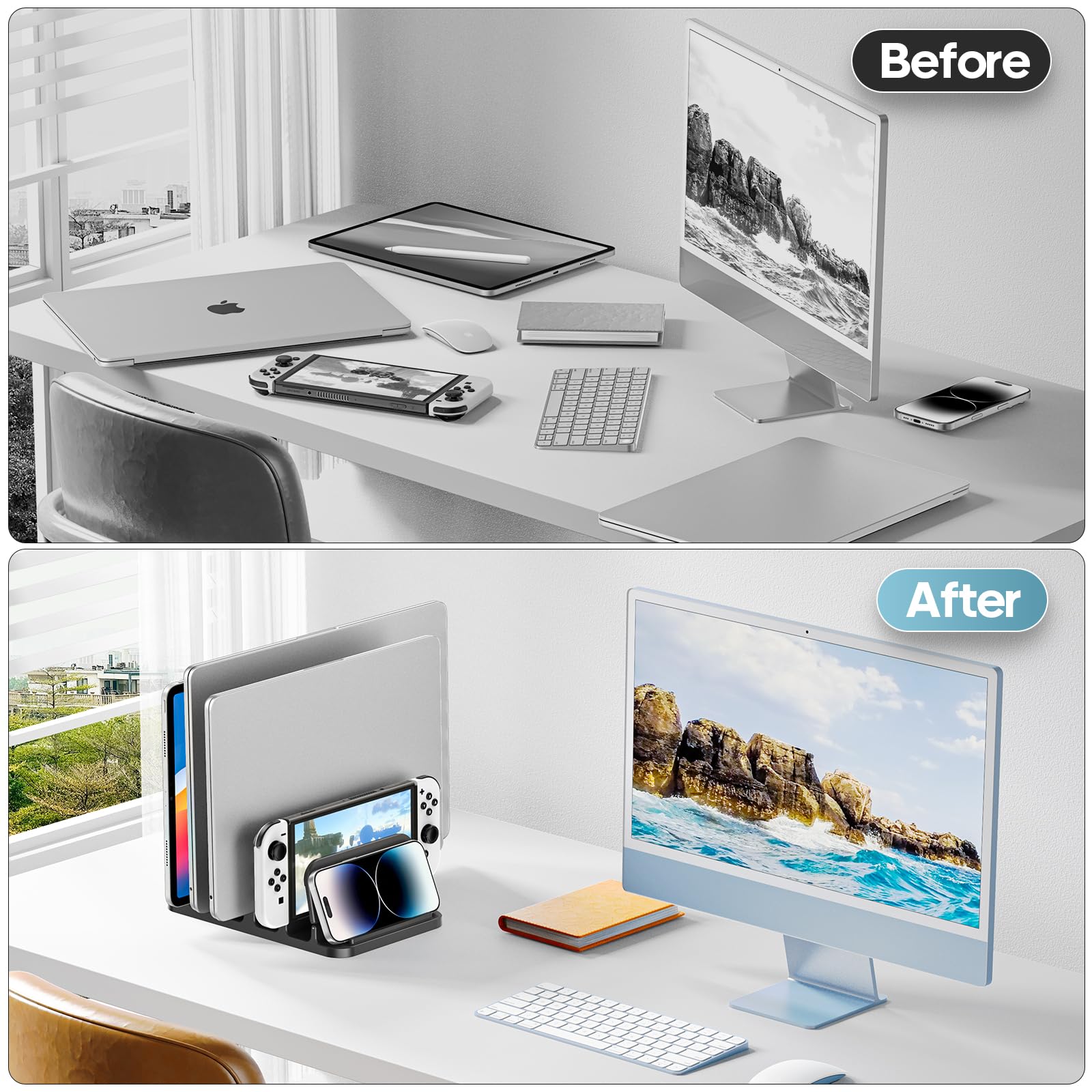 KDD 4-Slot Vertical Laptop Stand for Desk, 6-in-1 Design Laptop Mount Riser with Gravity Locking, Space-Saving Computer Organizer Dock Supports MacBook Pro Air, Mac, HP, Dell,Microsoft Surface, Lenovo