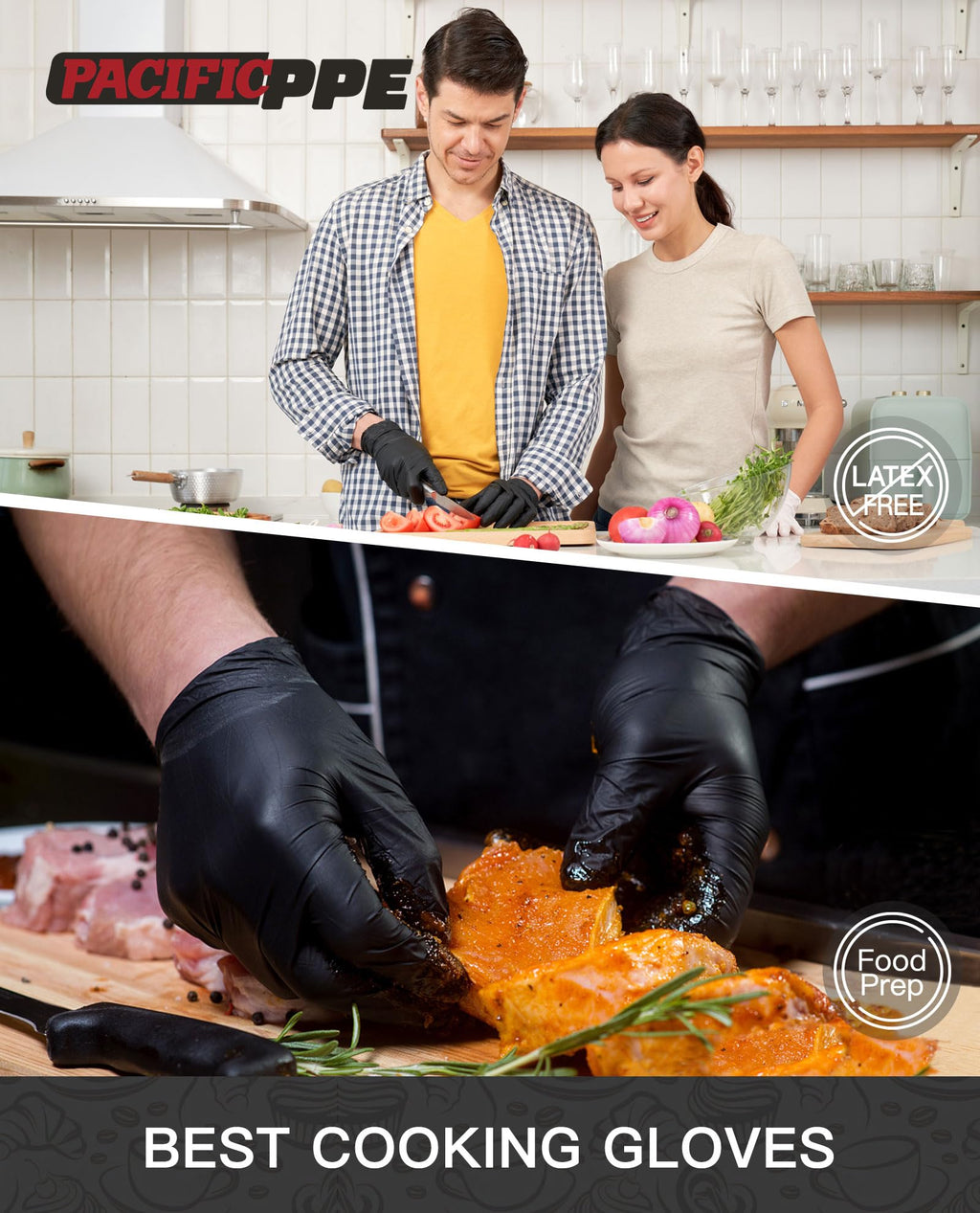PACIFIC PPE 4 mil Black Nitrile Disposable Gloves, Food-Safe, Latex-Free, Cleaning, Cooking Gloves, Medium