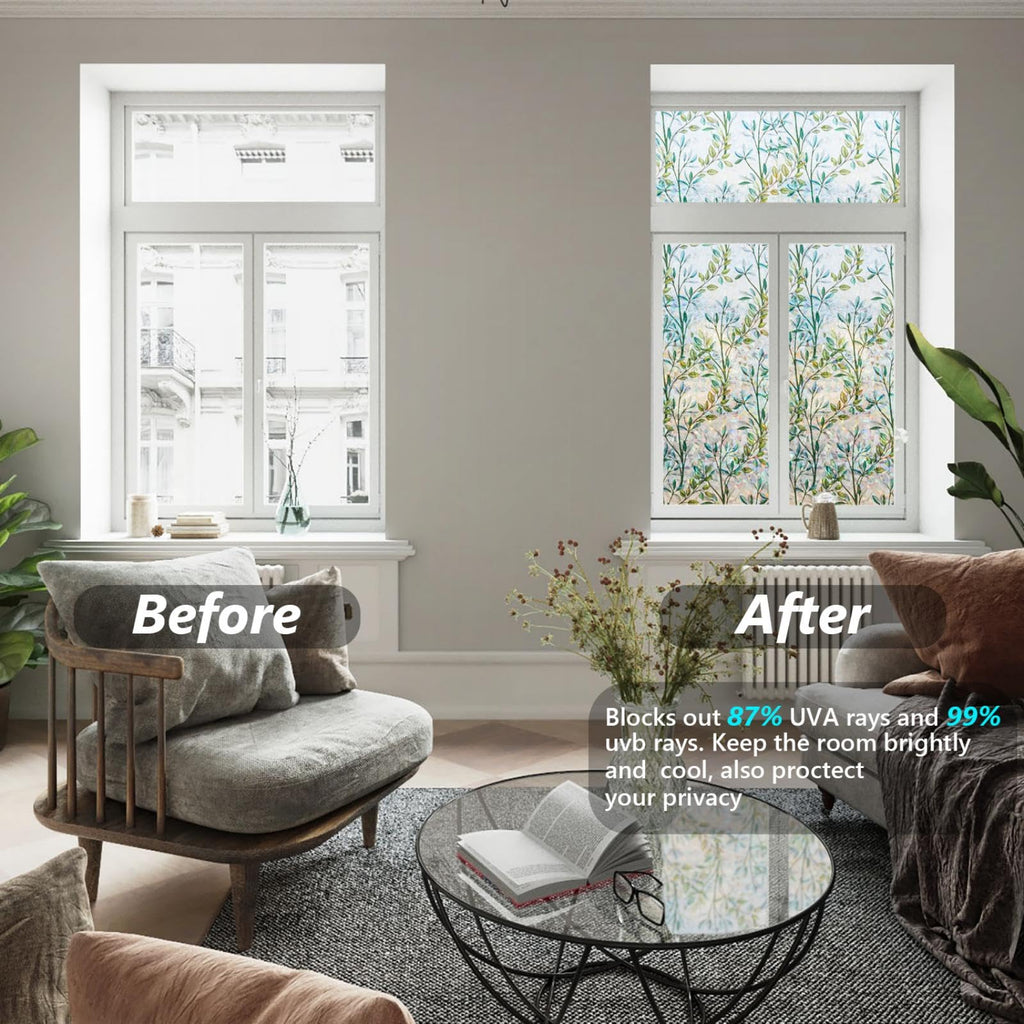Finnez Window Privacy Film Window Film 3D No Glue Glass Sticker for Glass Door Home and Office Heat Control Anti UV 60 X 200cm (23.6" x 78.7")