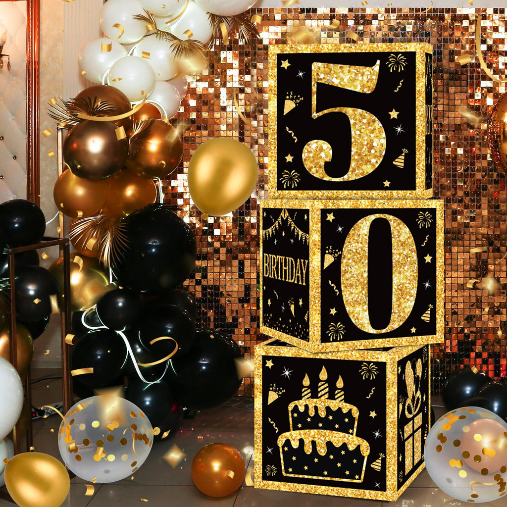 50th Birthday Decorations Boxes for Men- 3PCS Black Gold Happy 50th Birthday Balloons Boxes, 50 Year Old Party Supplies for Men Women