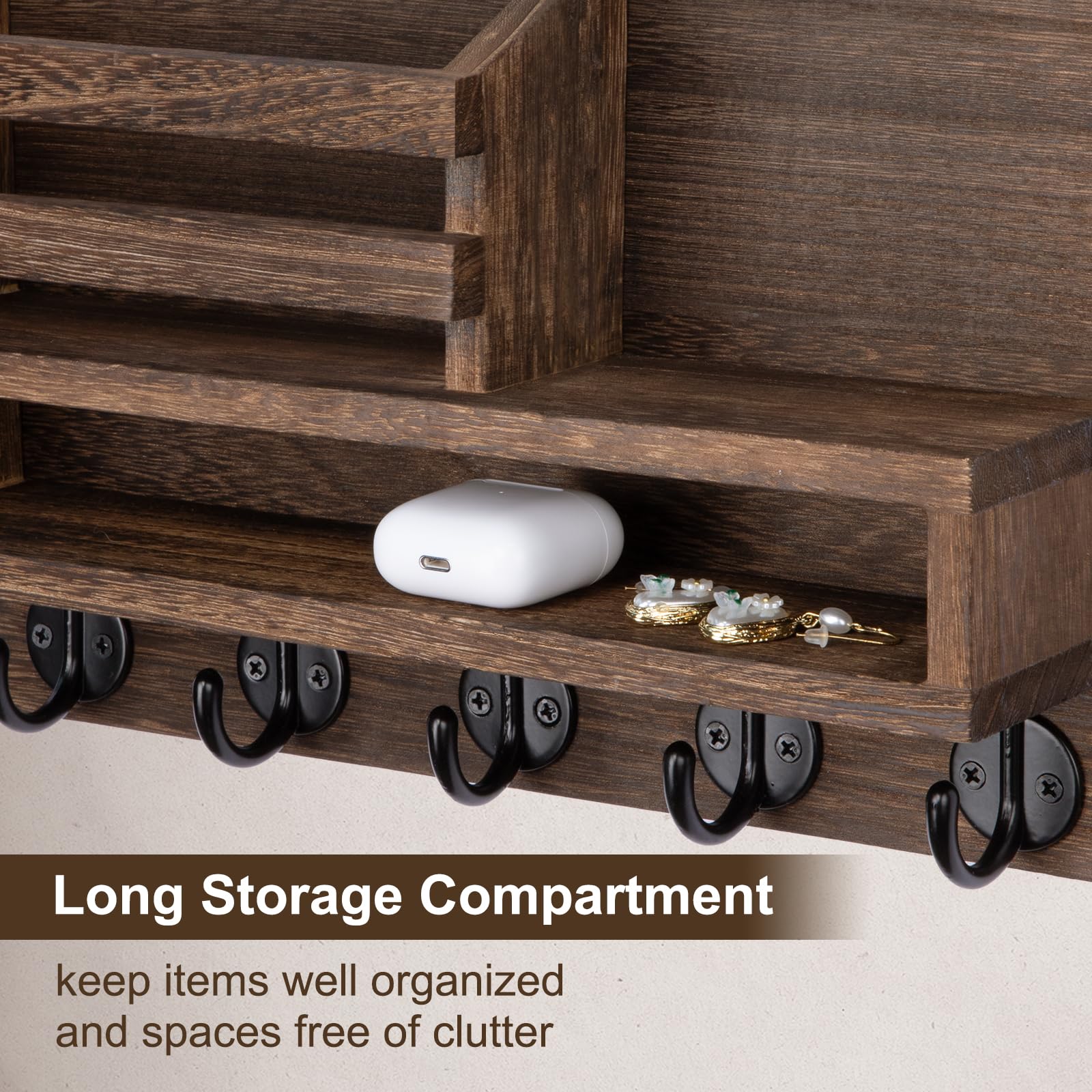Lucundm Key and Mail Holder Wall Mount, Key Hanger with Long Storage Box and 5 Hooks for Coat, Dog Leash, Home Decor Rack, House Accessories, Entry Way Organizer 11.8”W x 7.8”H x 3.2”D