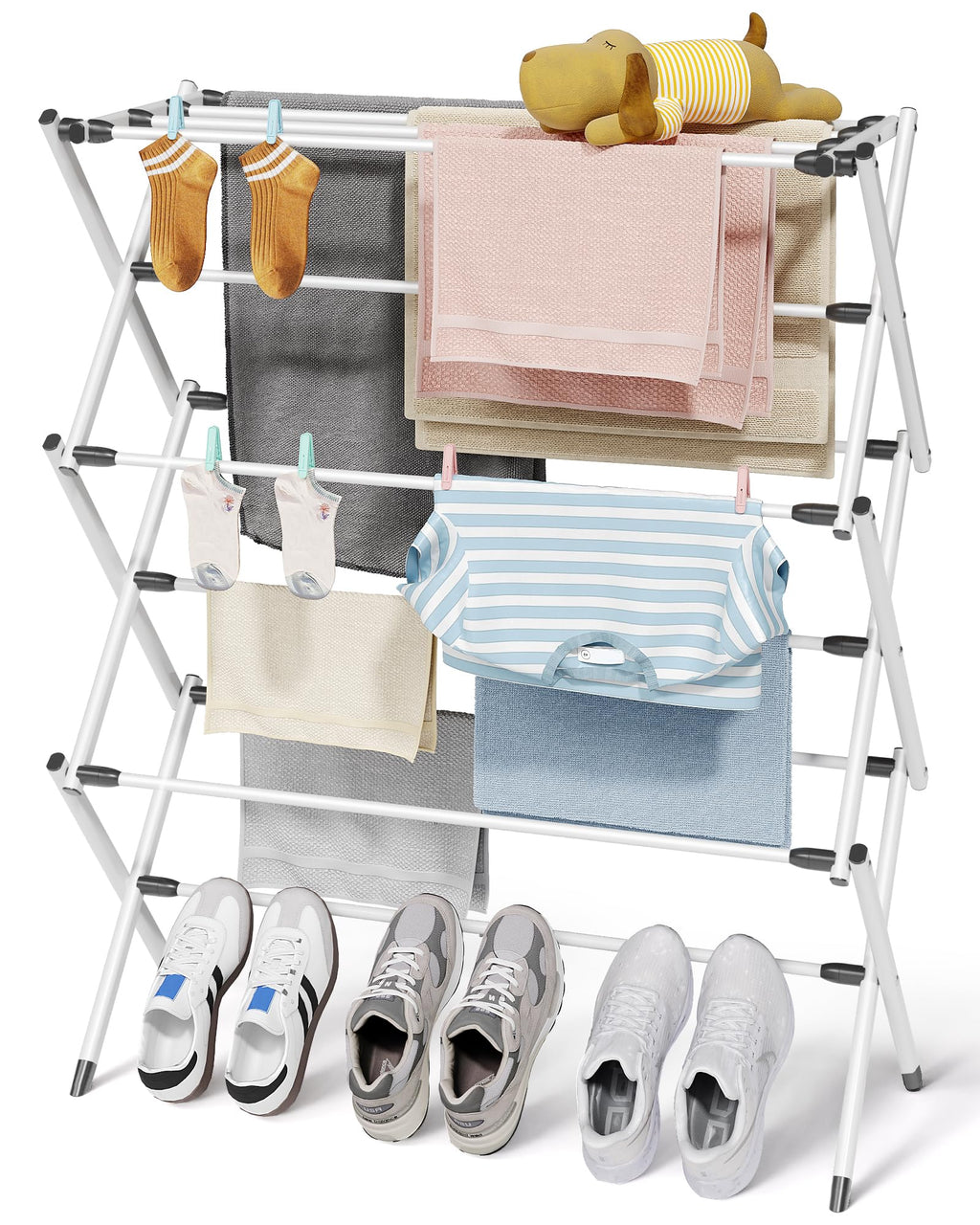 Sakugi 3 Tier Clothes Drying Rack, Foldable Clothes Drying Rack with Non-Slip Feet, Portable Laundry Drying Rack for Clothing, Indoor & Outdoor Use, 73.5 x 29 x 95 cm, White