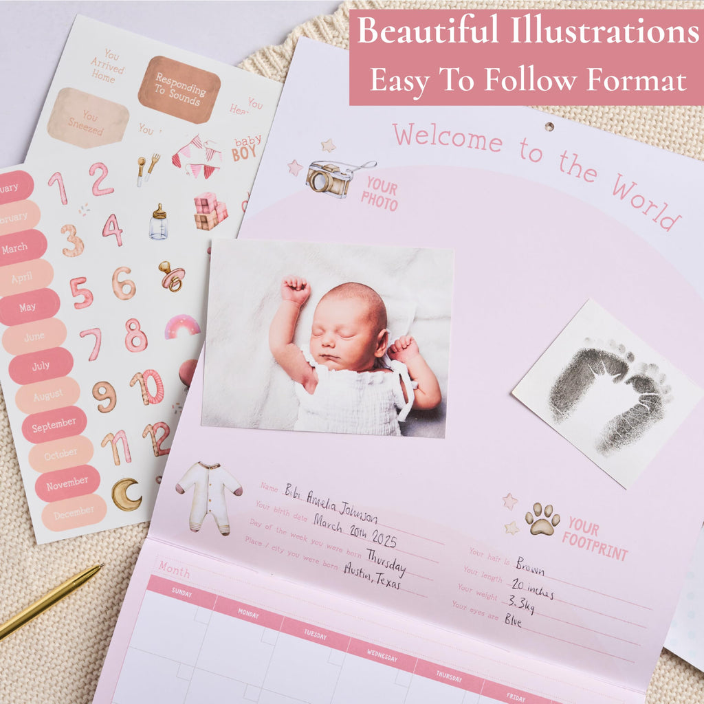 Baby's First Year Calendar with 100 Stickers - Pink Watercolor Design 1st Years Wall Calendar With Stickers, Baby Tracker, Baby Scrapbook for New Mom and Newborn Baby Girls