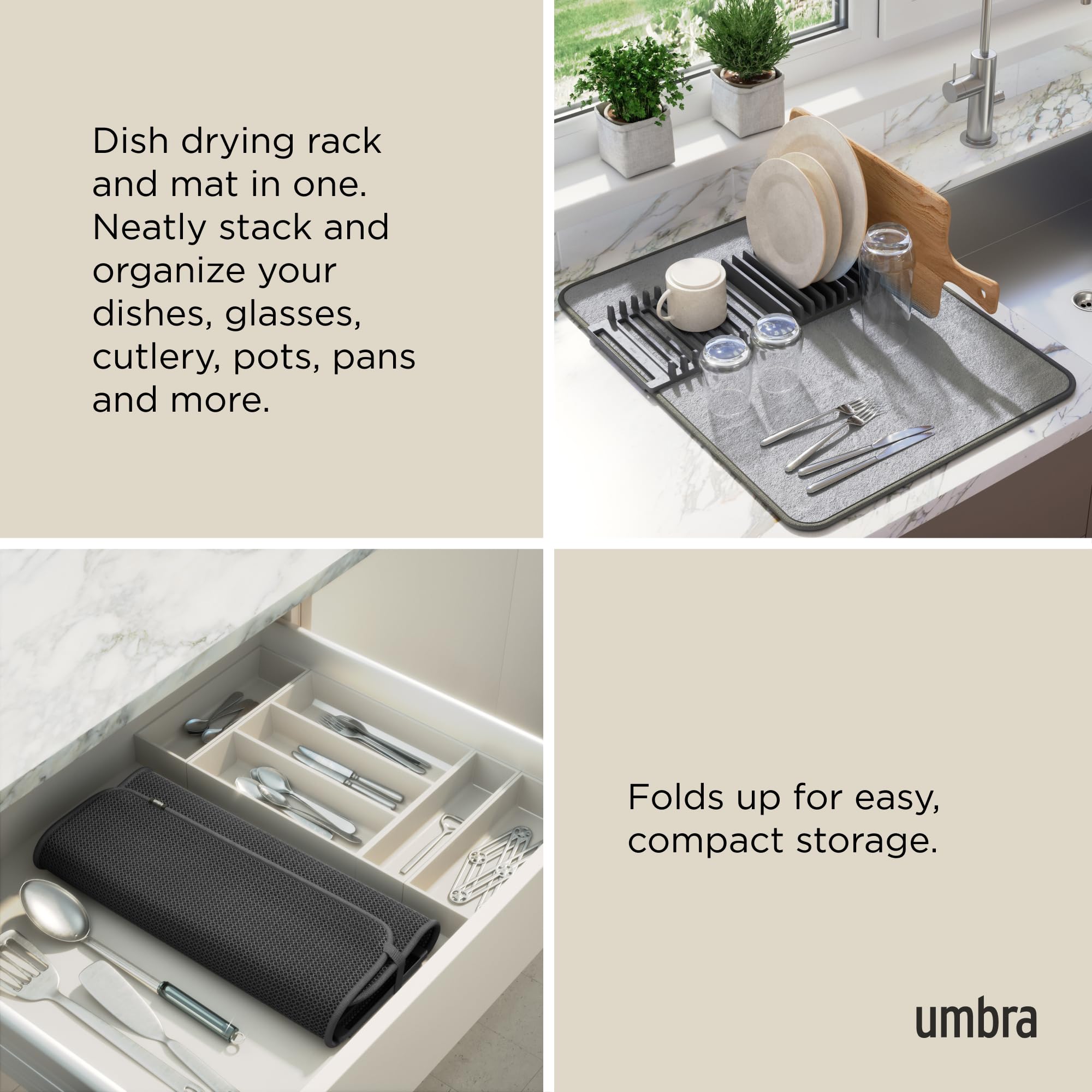 Umbra Udry Dish Rack and Microfiber Drying Mat – Space-Saving Design Folds Up for Easy Storage, Basic Rack, Dark Grey