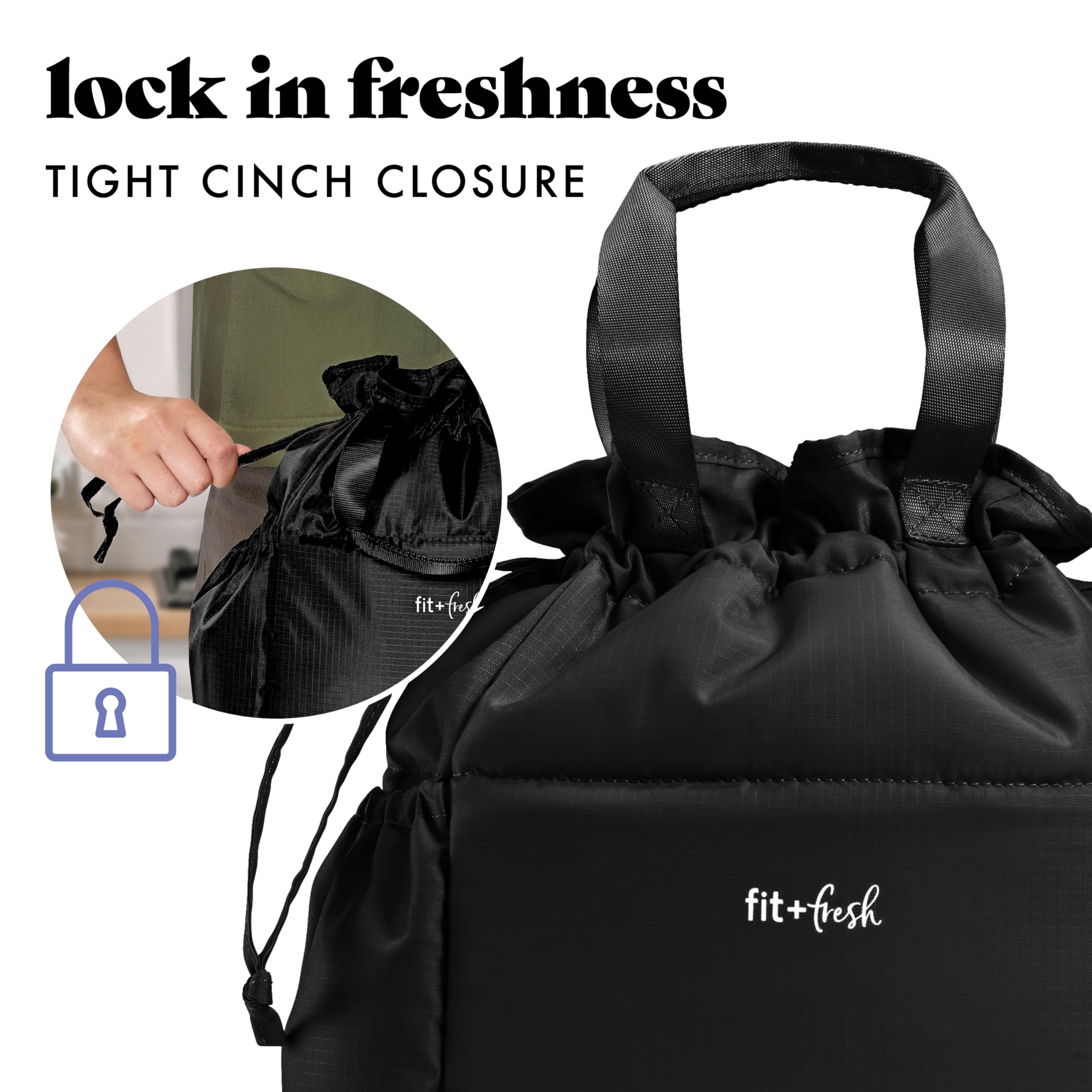 Fit & Fresh Lunch Bag for Women, Insulated Womens Lunch Bag for Work, Stain-Resistant Large Lunch Box for Women with Containers, Cinch Closure Cromwell Bag, Black