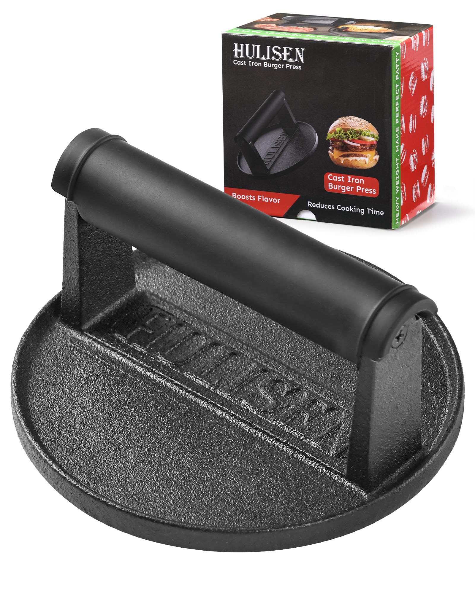 HULISEN Pre-Seasoned Cast Iron Burger Press, Heavy Duty 6” Burger Smasher for Griddle with Heat Resistant Handle, Grill Press for Hamburger, Bacon, Meat, Steak, Patty, Barbecue Grilling Tool