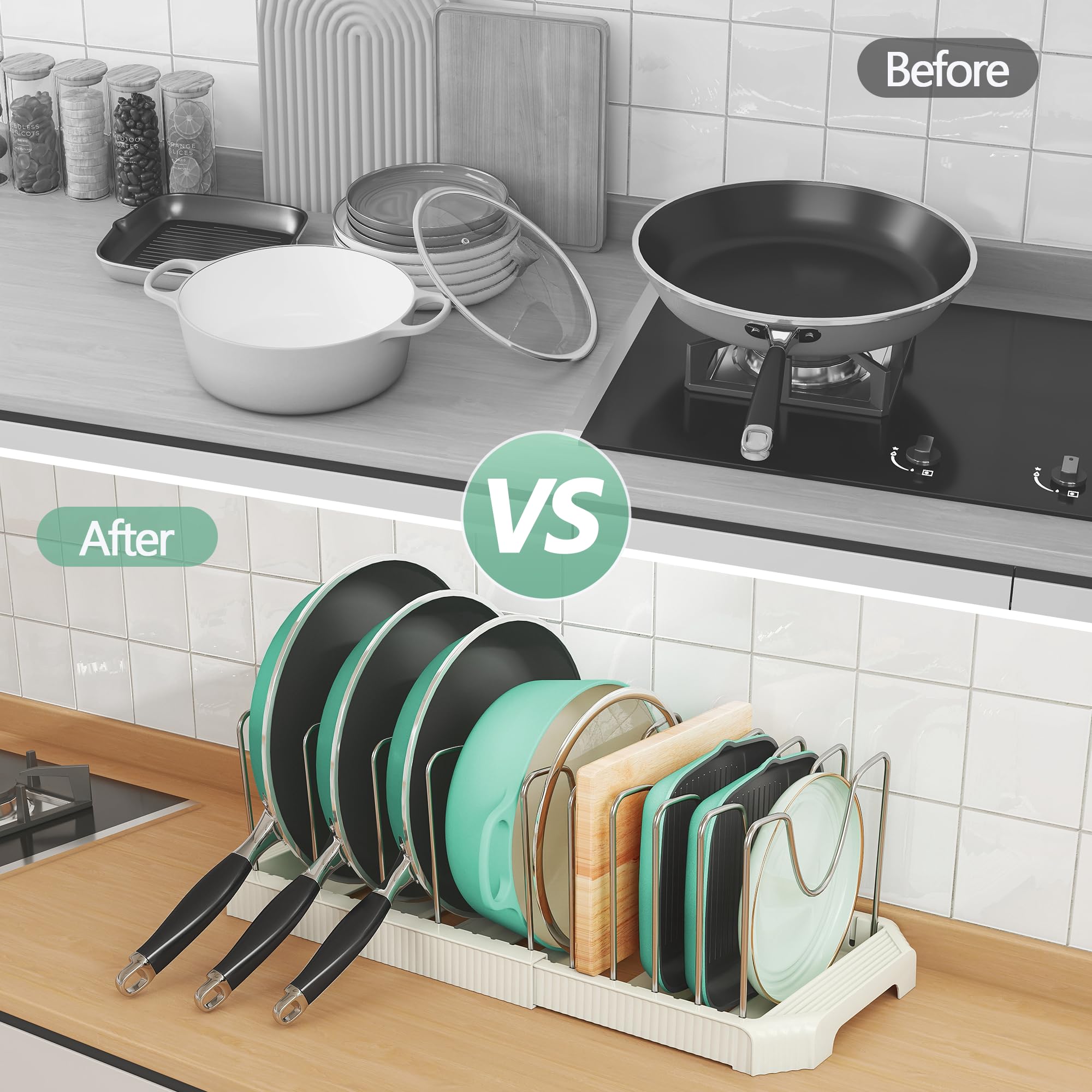Pots and Pans Organizer for Under Cabinet, Expandable Pan Pot Organizers Inside Cabinet, Pot Rack for Kitchen Organizers and Storage Holder with Adjustable Compartment