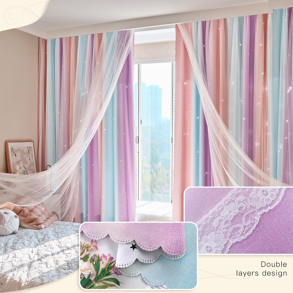 Best Baisite Curtains for Girls Bedroom 2 Panels Kids Blackout Curtains Nursery Princess Room Decor Star Rainbow Curtain for Daughter Window Grommet Rideaux Unicorn Wall Decal(PinkBluePurple,34"x63")