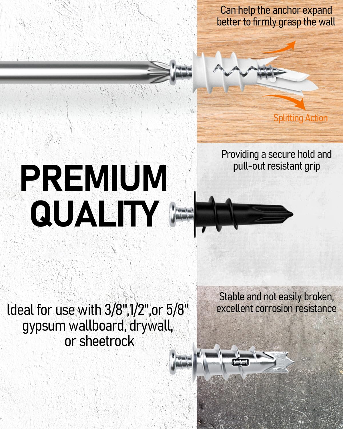 INCLY 200PCS #8 Metal Self Drilling Drywall Anchors With Screws Kit, 100 Zinc Metal & Plastic Heavy Duty Dry Wall Anchors and 100 Philips Screws Assortment for Sheetrock Hanging and Mounting with Case