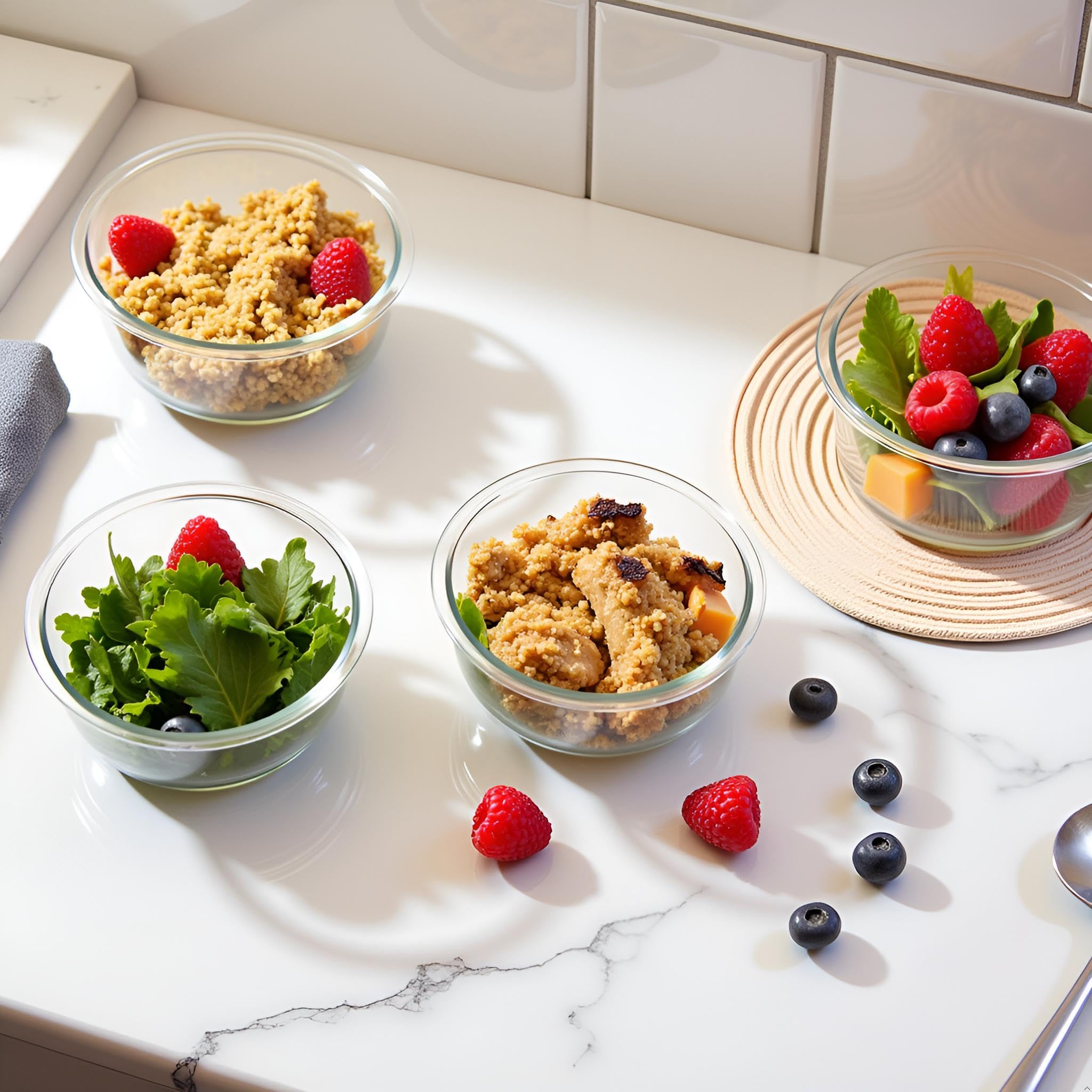 B.GUBOBOYA 4 Pack Round Glass Food Storage Containers With Lids, 1.5 Cup Round Soup Containers BPA-Free, Small Glass Food Containers for yogurt, work, Leftover and Microwave, Dishwasher, Freezer Safe