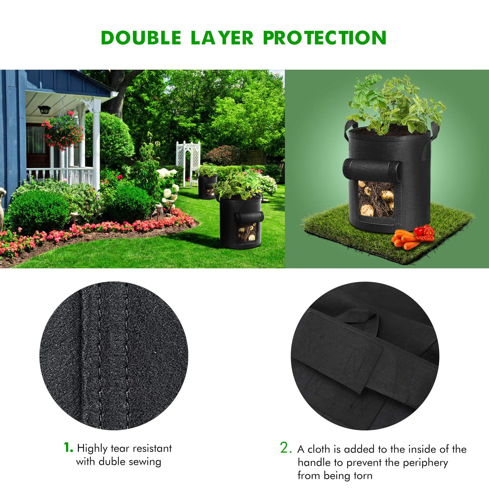 Cavisoo 5-Pack 10 Gallon Potato Grow Bags, Garden Planting Bag with Reinforced Handle, Thickened Nonwoven Fabric Pots for Tomato, Vegetable and Fruits