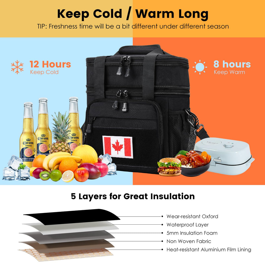 Large Expandable Tactical Lunch Bag for Men, Durable Insulated Leakproof Lunch Box, Heavy Duty Cooler Bag for Work Outdoor Picnic Travel Office Adults, Black, 15L