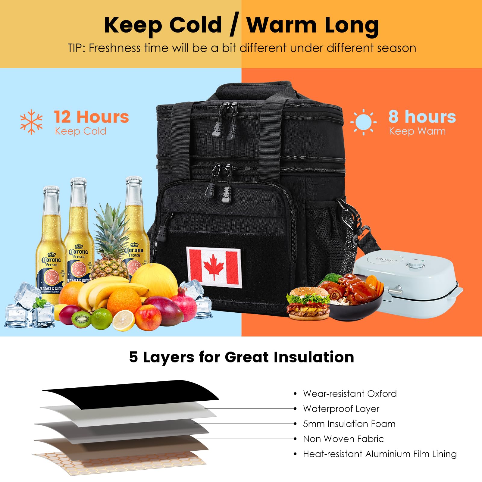 Large Expandable Tactical Lunch Bag for Men, Durable Insulated Leakproof Lunch Box, Heavy Duty Cooler Bag for Work Outdoor Picnic Travel Office Adults, Black, 15L