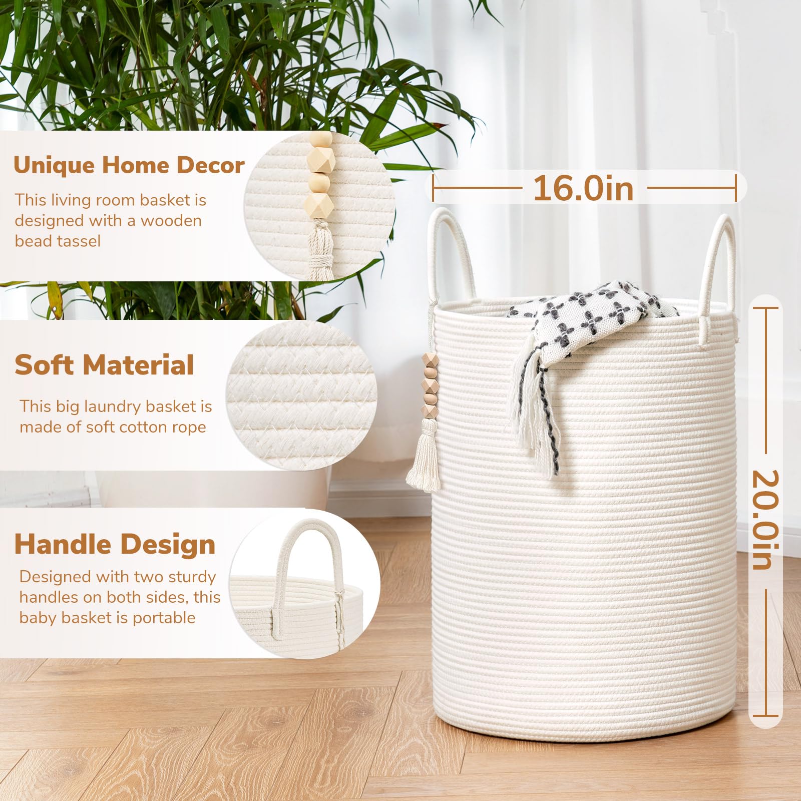 Goodpick Large Laundry Hamper with Handles,Cute Baby Laundry Basket, Tall Laundry Hamper for Clothes, Towels,Woven Rope Toy Storage Basket,Decorative Blanket Basket White, 16 x 20 inches