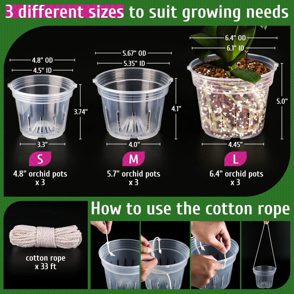Orchid Pot, 9 Pack Orchid Pots with Holes, 3 Each of 4.8, 5.7 and 6.4 Inch Clear Orchid Pots for Repotting, Plastic Flower Plant Pot Indoor Outdoor, Breathable Slotted Orchids Planter