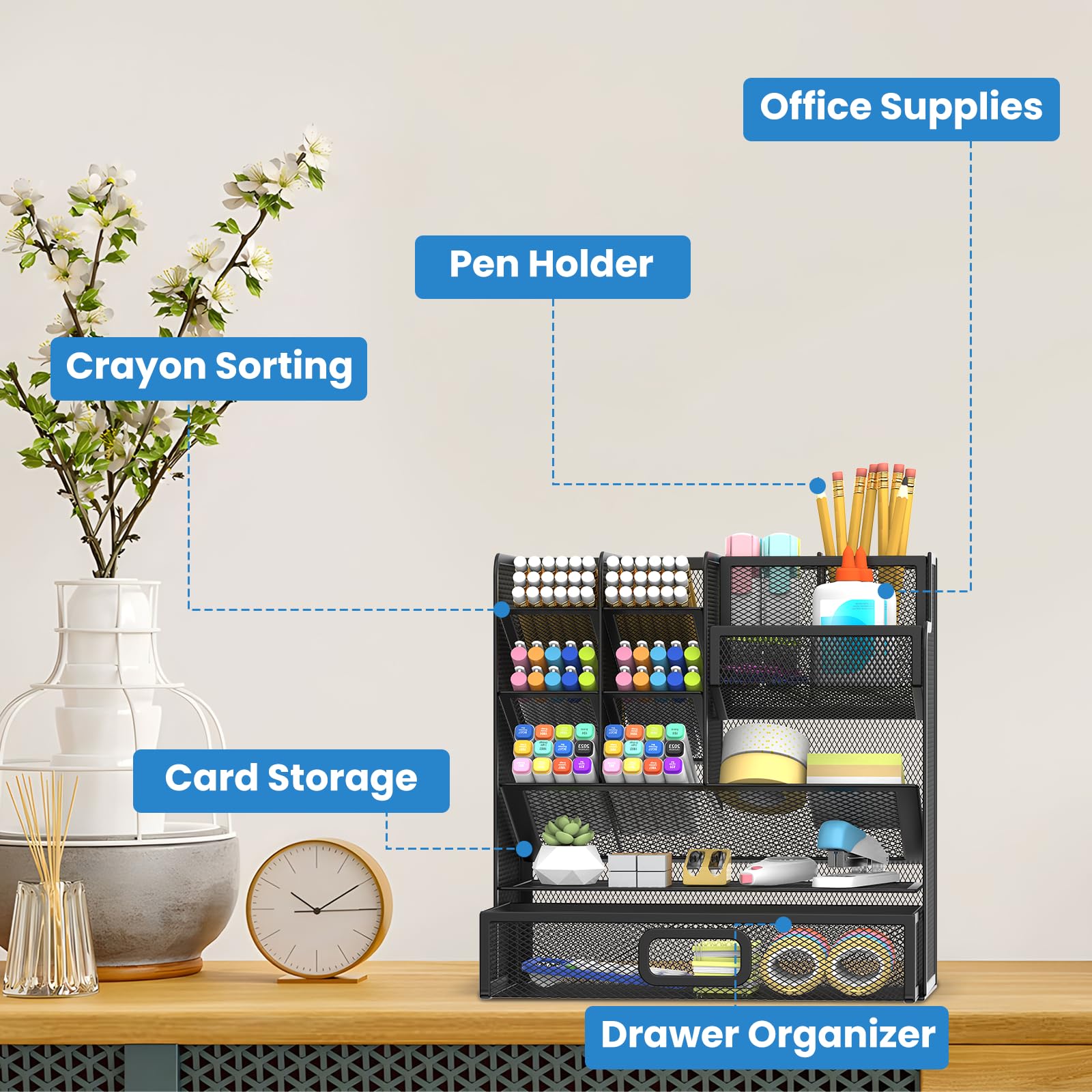 Mesh Pen Holder Desk Organizer, Multi-Function Pen Organizer with Drawer, Cute Desk Organizers and Accessories for Office Supplies Black