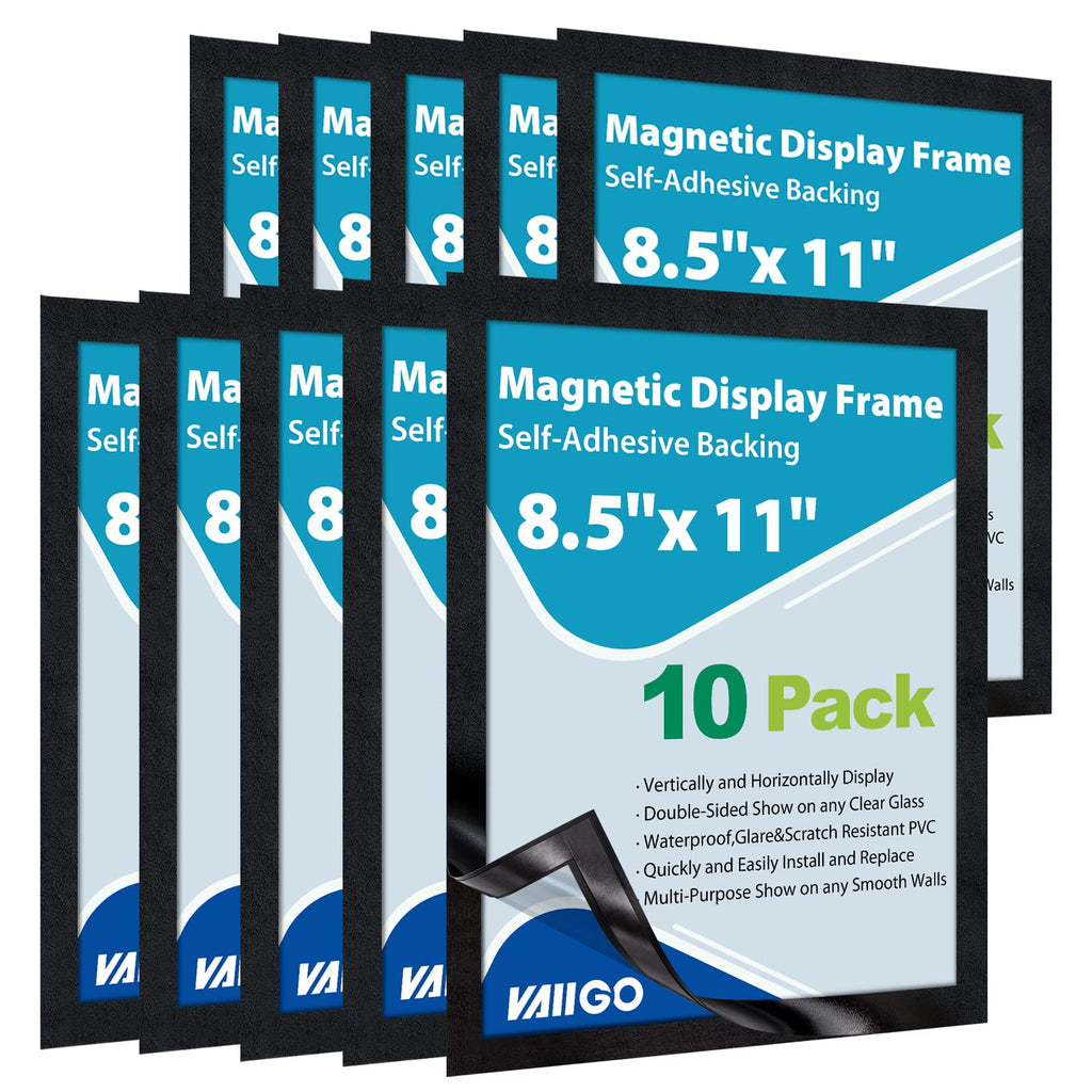 VAIIGO 8.5"x 11" Magnetic Sign Holder, 10Pack Double Sided Window Self Adhesive Magnetic Display Frame with Clear PVC and Strong Magnet for Office/Store/Door/Glass/Refrigerator Display Frame, Black