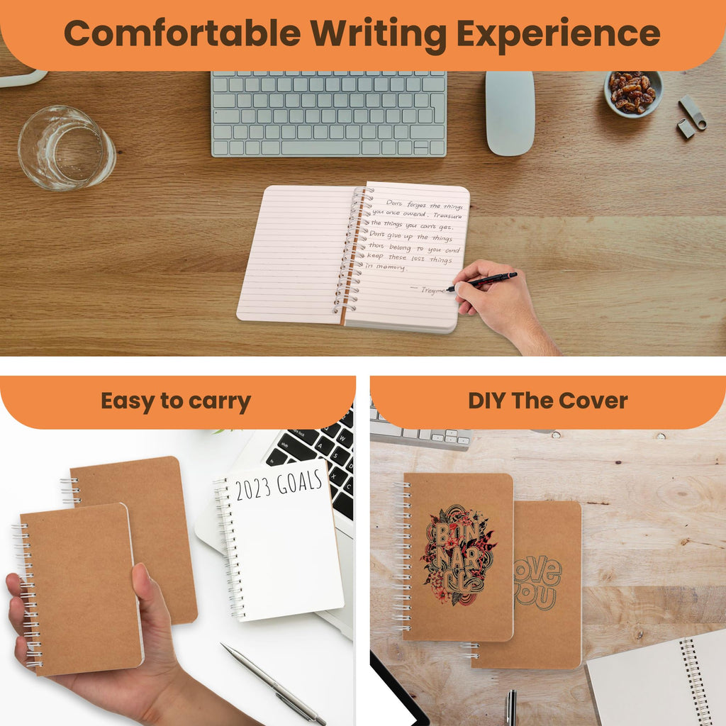 Spiral Notebook, 5 Pack Aesthetic Notebooks Spiral Journal Notepad Kraft Cover Lay Flat Sketchbook Journals for Writing Drawing Note Taking, 3.5”x5.5”, 180 Ruled Pages, 90 Sheets