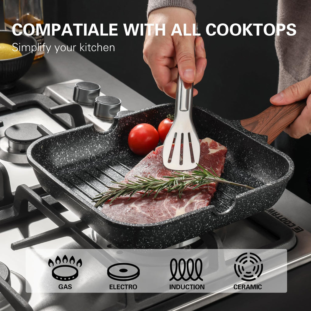 Kordisen Nonstick Grilling Pan for Stove Tops, 9.5 Inch Square Grill Pan for Indoor Cooking, Granite Coating Grill Skillet with Pour Spouts, Versatile Griddle, Induction Steak Pan, PFOA Free