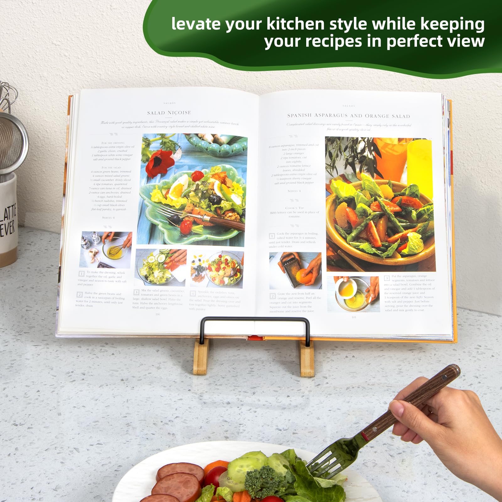 PUERSI Cookbook Stand for Kitchen Counter, Bamboo Cookbook Holder, Cook Book Stand for Kitchen, Recipe Book Holder - NEW Patented Design