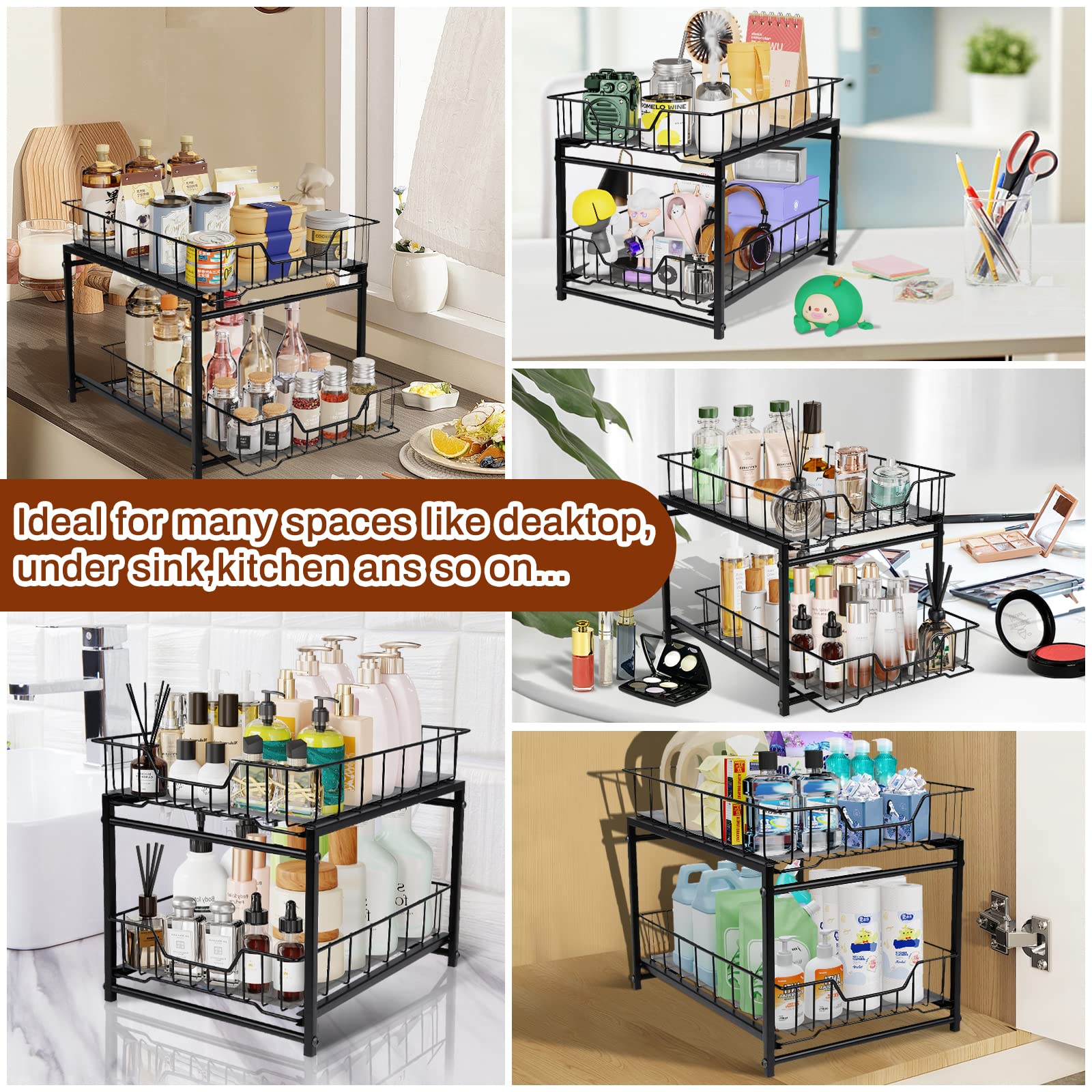 Under Sink Organizer 2 Tier Pull Out Under Sink Organizers, Rustproof Under Cabinet Organizer, Multipurpose Sliding Drawer Pull Out Shelf Organizer for Kitchen Bathroom Cabinet