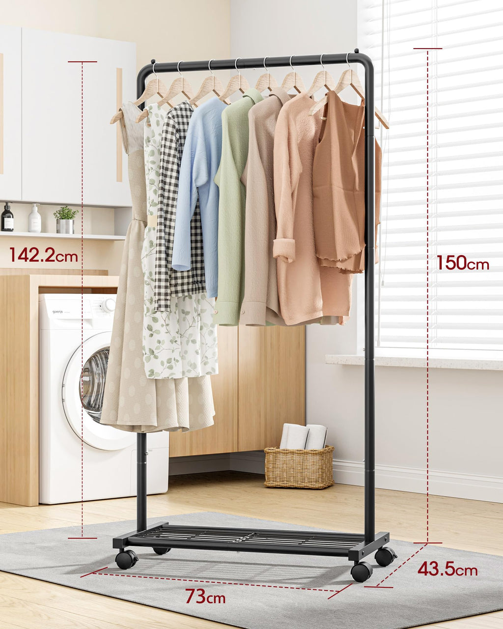 Sakugi Clothing Rack - Movable Multi-Functional Coat Rack with 4 Universal Wheels, Long-Lasting Metal Clothes Rack with Extra Storage Shelf for Bedroom, Office, Laundry(Black, 73W x 43.5D x 150H cm)