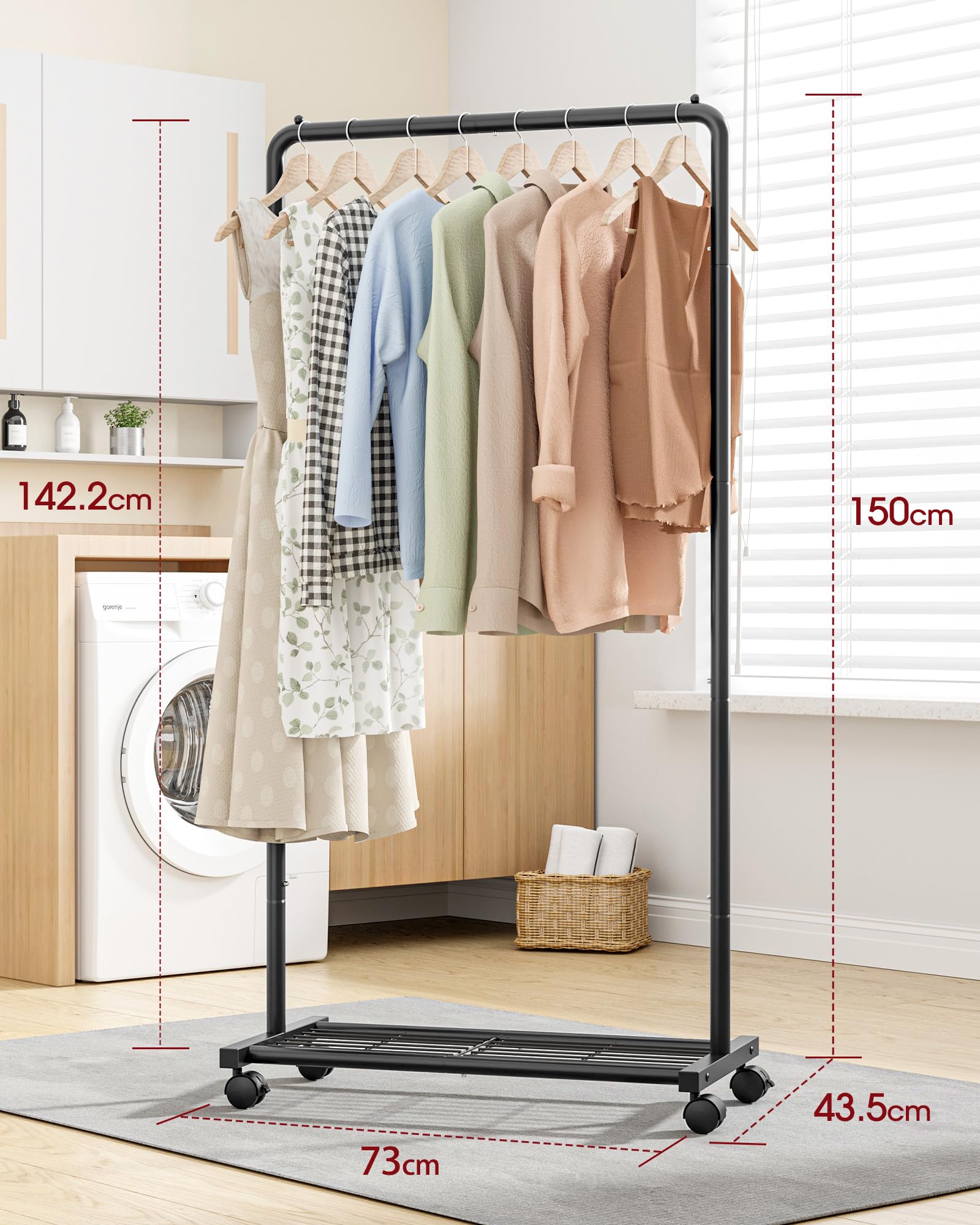 Sakugi Clothing Rack - Movable Multi-Functional Coat Rack with 4 Universal Wheels, Long-Lasting Metal Clothes Rack with Extra Storage Shelf for Bedroom, Office, Laundry(Black, 73W x 43.5D x 150H cm)