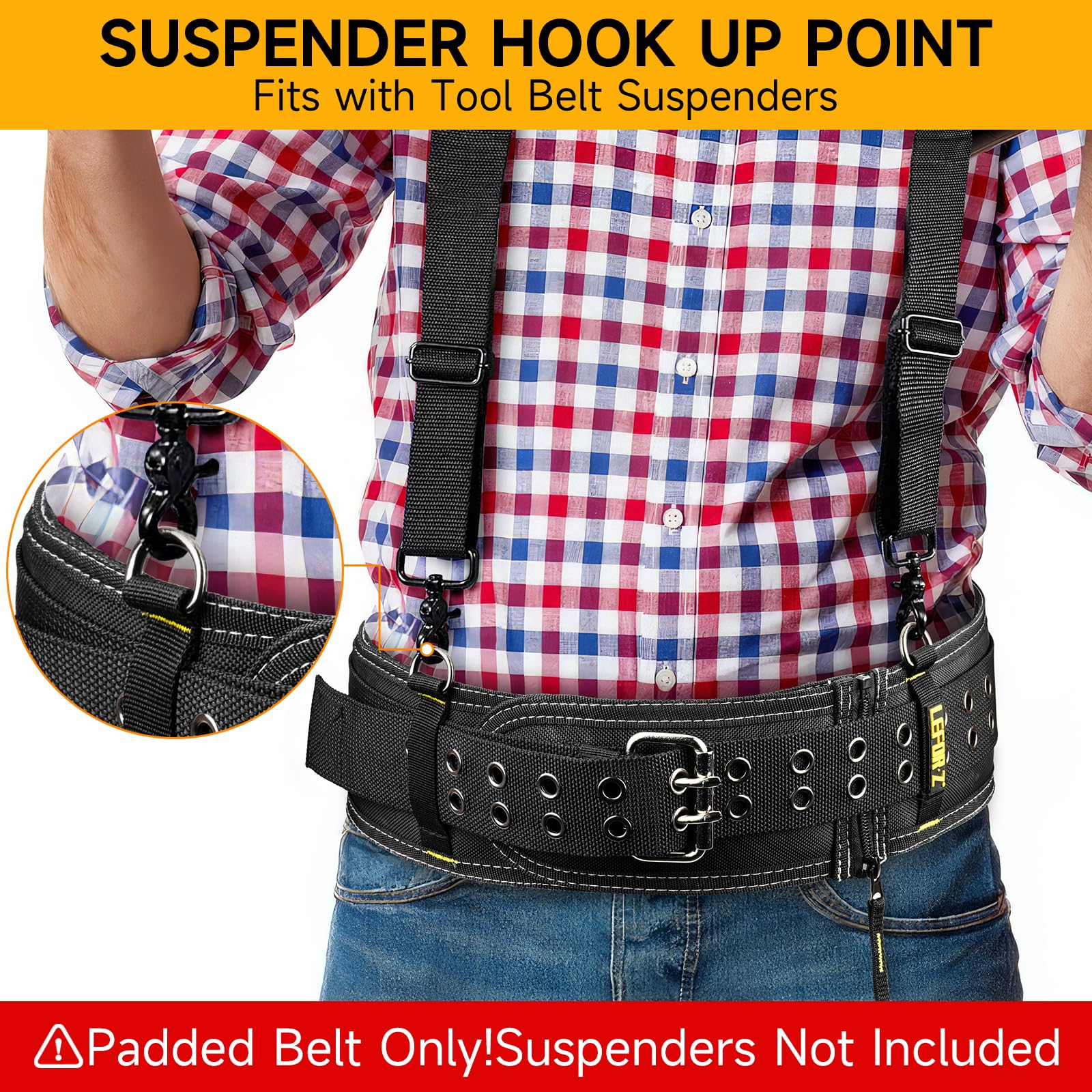 Padded Tool Belt,4-Inch Heavy Duty Tool Belts for Men with 4 Suspenders Ring,Work Belts for Electrician,Carpenter,Construction,Utility Belt,Adjustable Waist 34''-40''(Pouch not Included)