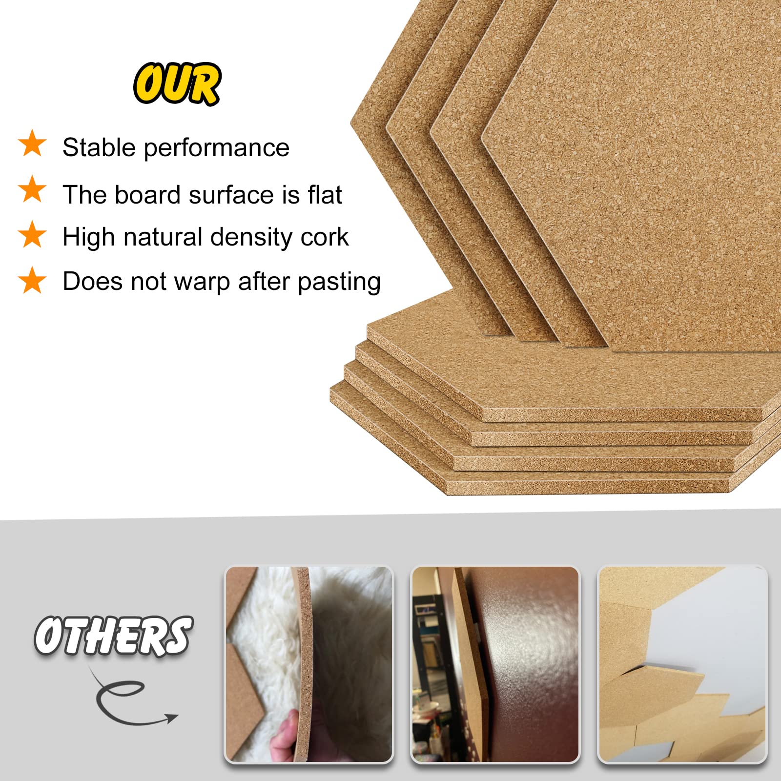 TUPARKA 8 Pack Cork Board Hexagon Bulletin Boards Cork Tiles 8.2"x7" - 1/4" Self-Adhesive Corkboards with 50 Push Pins Mini Wall for Wall Home School Office Decorative
