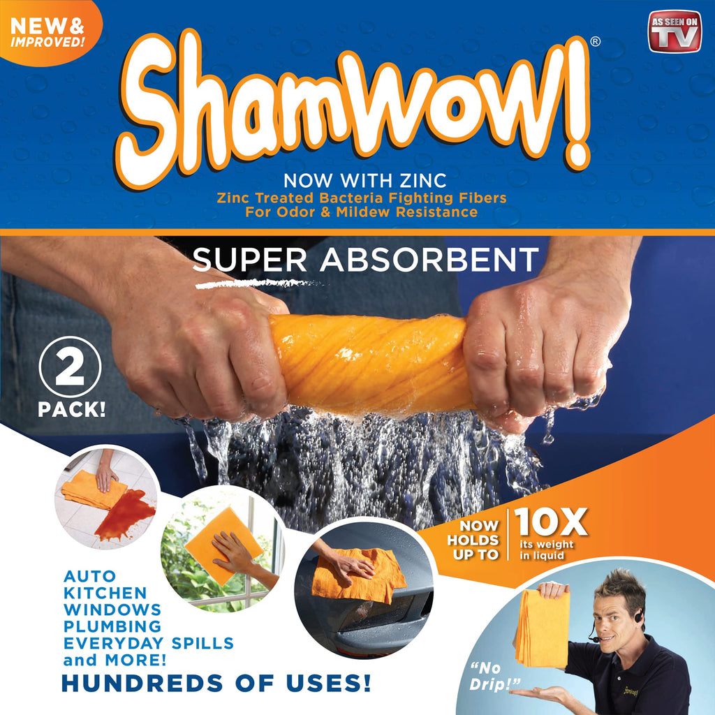 ShamWow- New & Improved Super Absorbent Multipurpose Cleaning Cloth Chamois Towel- Zinc Treated Odor Fibers (2 Pack)