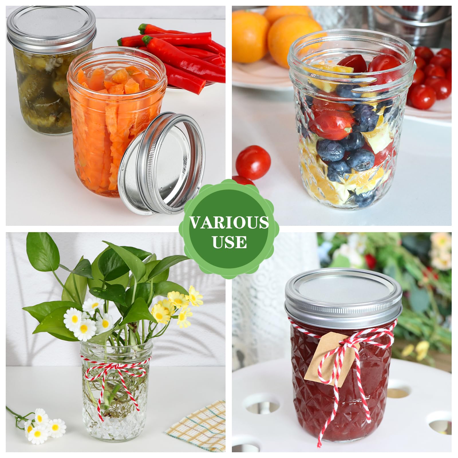 Wide Mouth Mason Jars, 16 oz Glass Canning Jars with Metal Lids and Bands, Set of 6