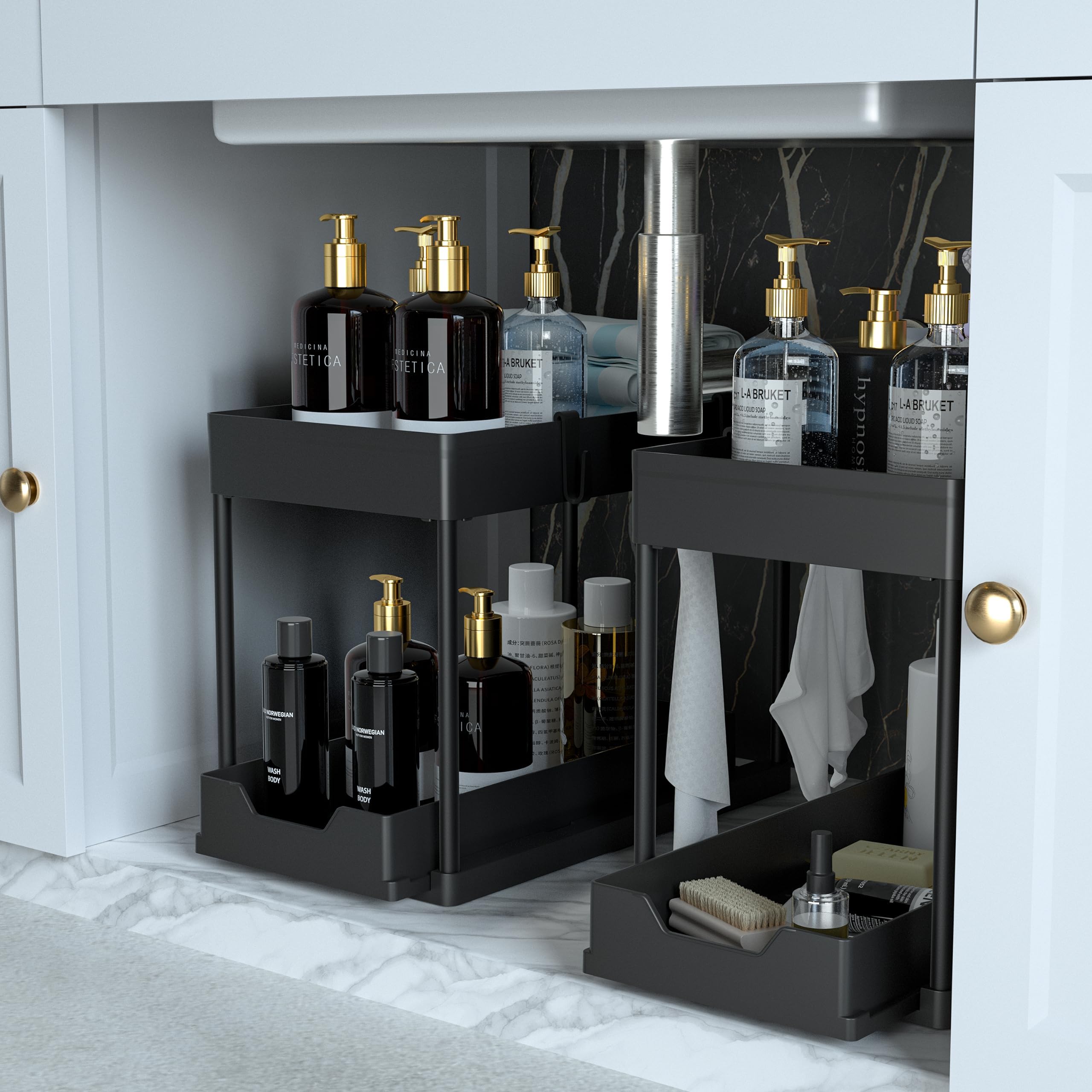 2-PACK Under Sink Organizers and Storage with Sliding Drawer, 2-Tier Bathroom Under Sink Shelf Rack,Multi-Functional Cabinet Storage Space Saver For Kitchen/Bathroom/Bedroom/Office.