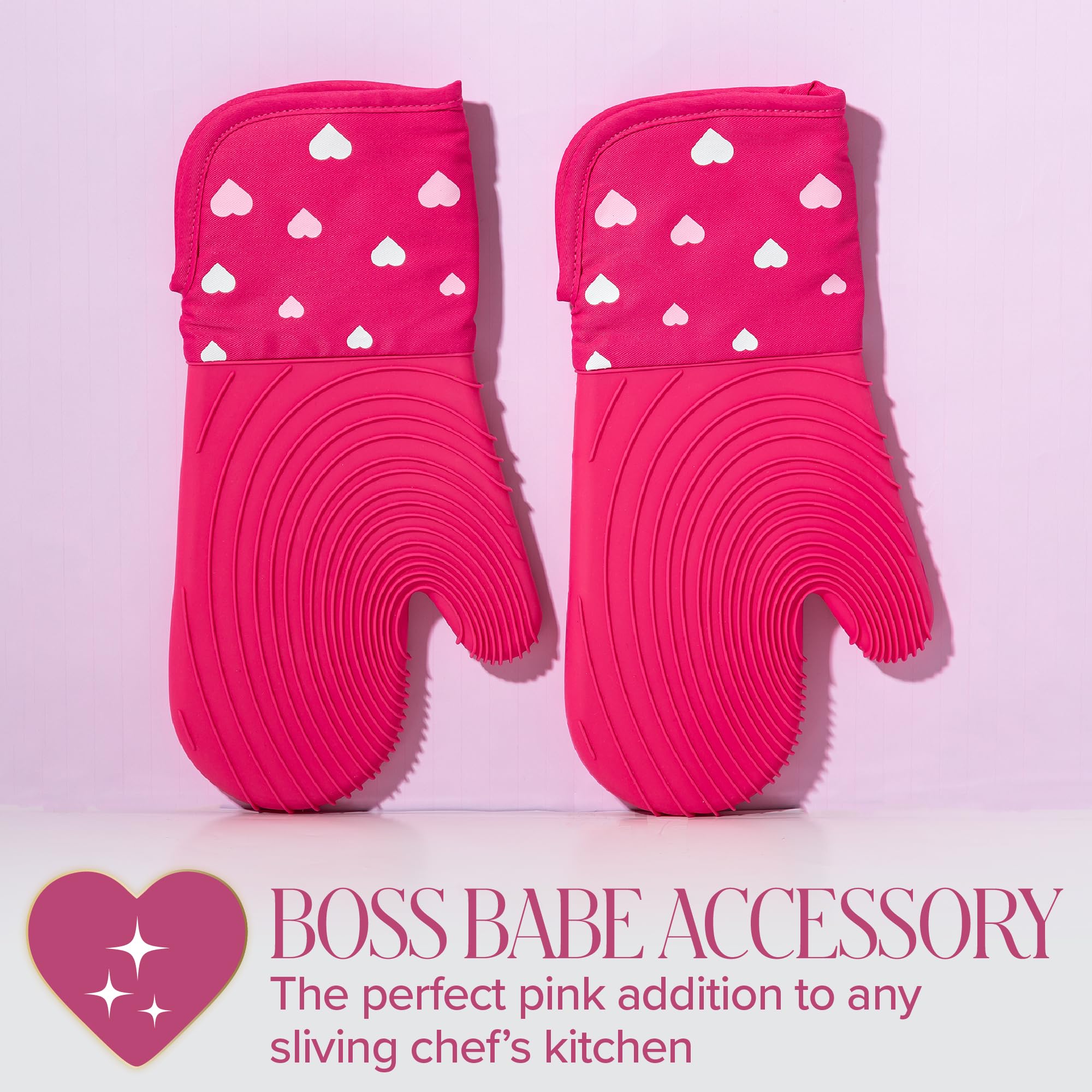 Paris Hilton Oven Mitt Set with Heart Design, Heat Resistant Pot Holders Featuring Non-Slip Textured Silicone Grips, 2-Piece Set, Pink