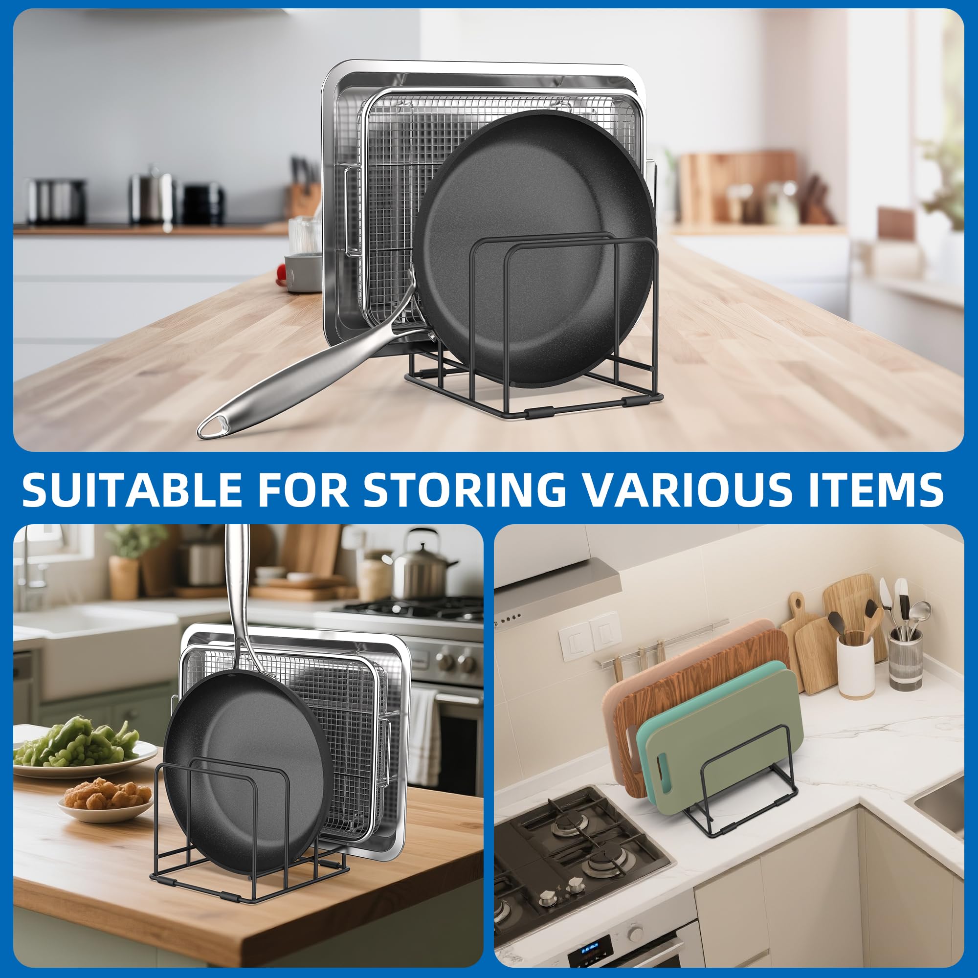 2 Pack Baking Cookie Sheet Organizer Pan Pot Lid Holder for Kitchen Cabinet, 3 Divided Slots 2.2inch Width Storage Rack for Baking Tray Sheets, Cutting Board Organizer for Kitchen Countertop