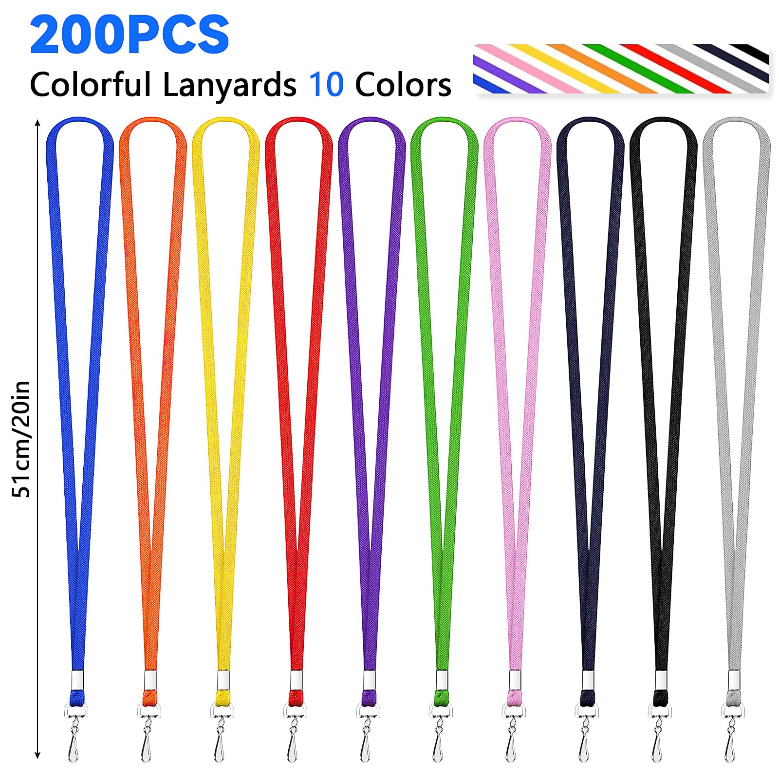 200Pcs Lanyards Bulk, Colorful Badge Lanyards Neck Flat Lanyards with Swivel J Hook Clip for ID Badges, Name Tag, Key, Card Holder, Office Worker(10 Colors)