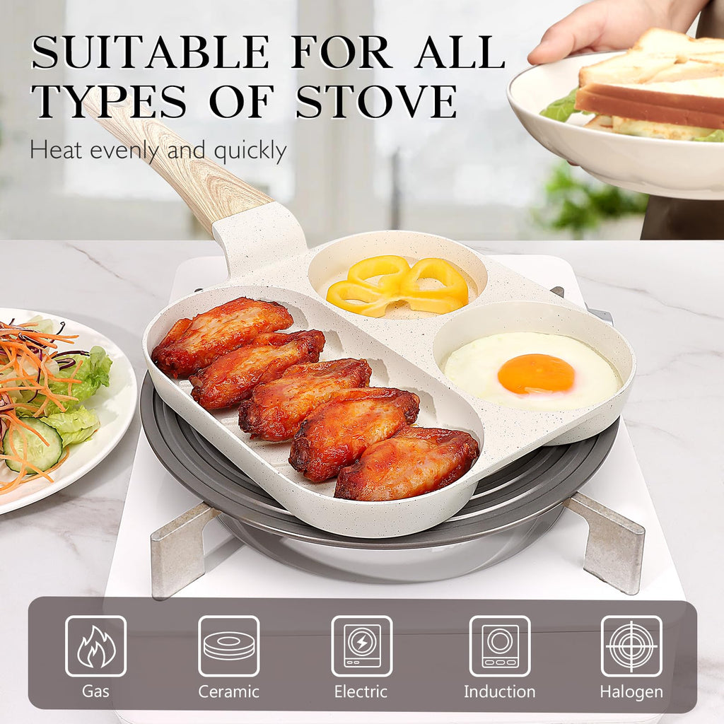 GiPP Ceramic Non Stick Egg Pan, 3-in-1 Divided Breakfast Omelette Frying Pan, 7.9" with Heat-Resistant Handle, Compatible with All Stove Tops, PFOA/POFS/PTFE Free, White