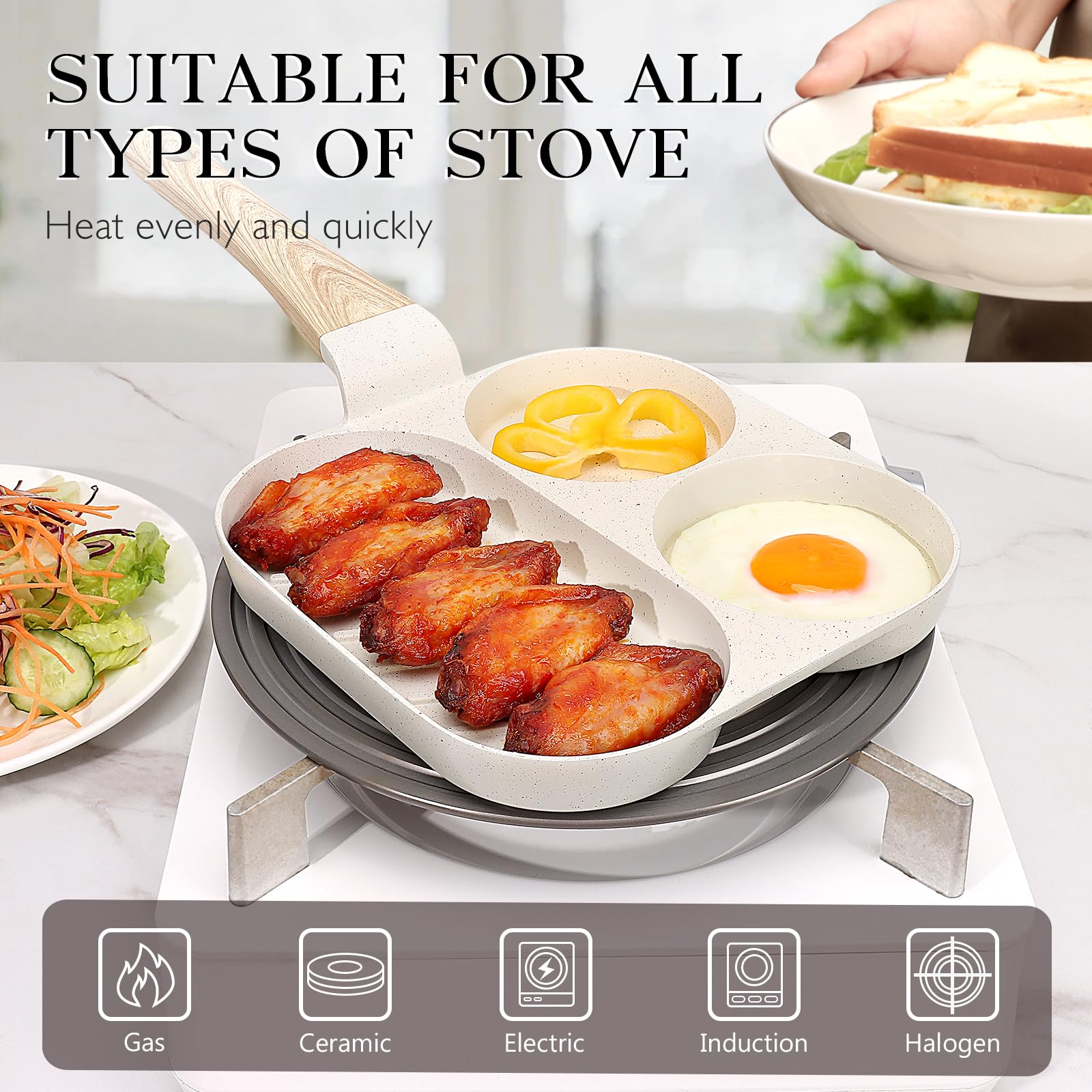 GiPP Ceramic Non Stick Egg Pan, 3-in-1 Divided Breakfast Omelette Frying Pan, 7.9" with Heat-Resistant Handle, Compatible with All Stove Tops, PFOA/POFS/PTFE Free, White