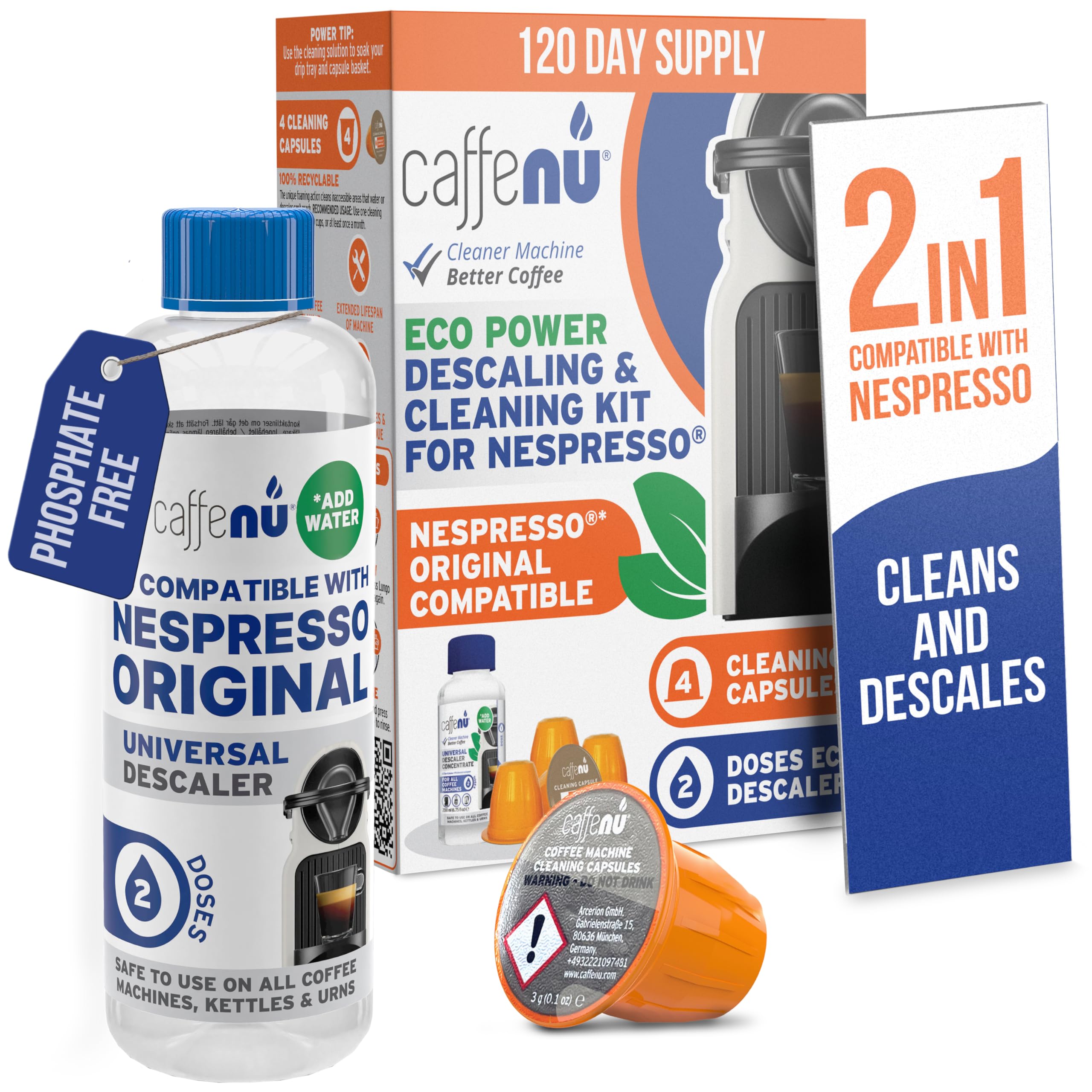 Nespresso Compatible Descaling Kit & Cleaning Pods. 2 Use Descaling Solution & 4 Cleaner Pods. Removes Limescale & Cleans Pod Area. Better Tasting, Hotter Coffee. Nespresso Originaline.